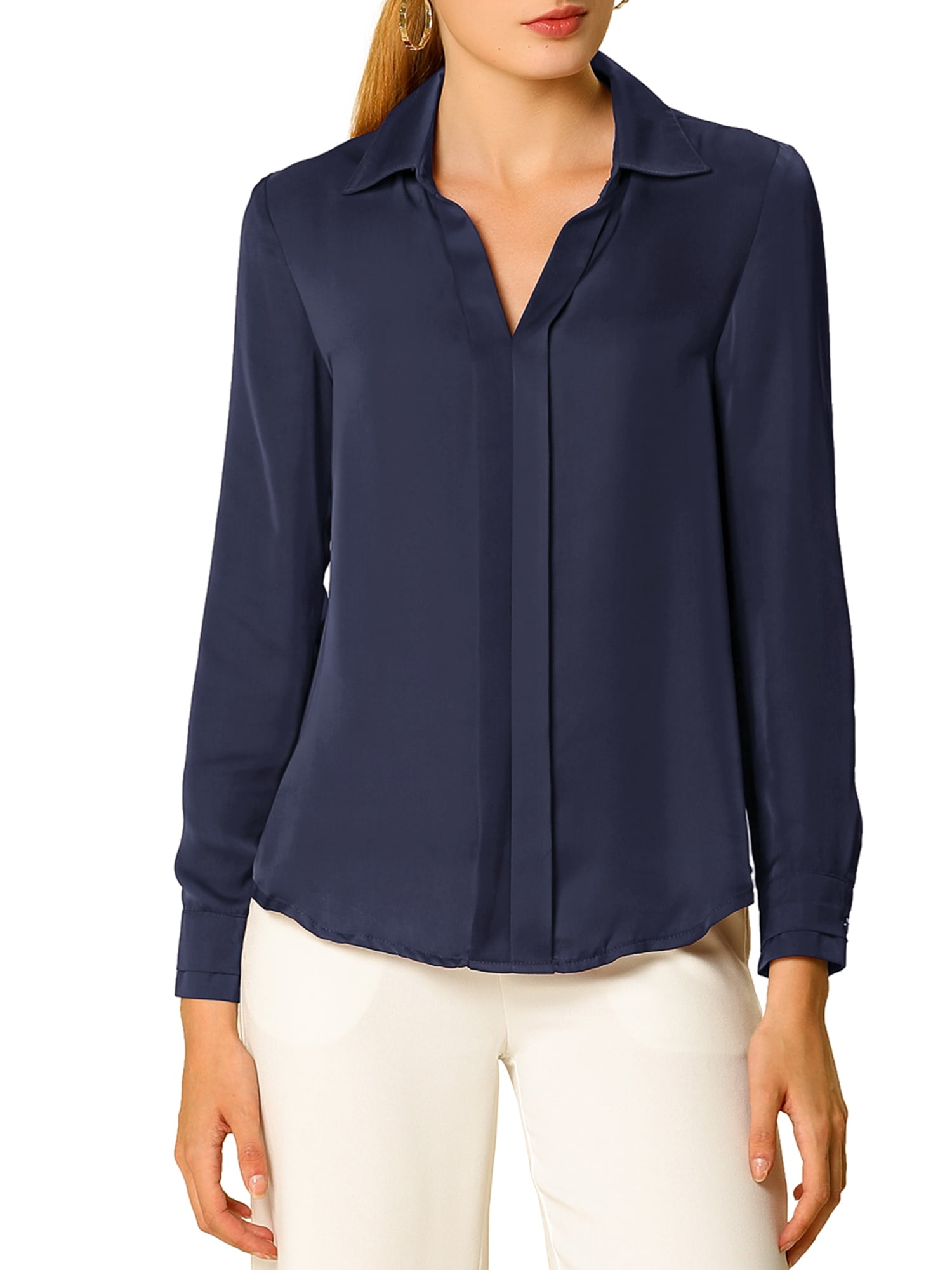 DARING DIVA Women's V Neck Classic Work Office Long Sleeve Shirt S Navy Blue