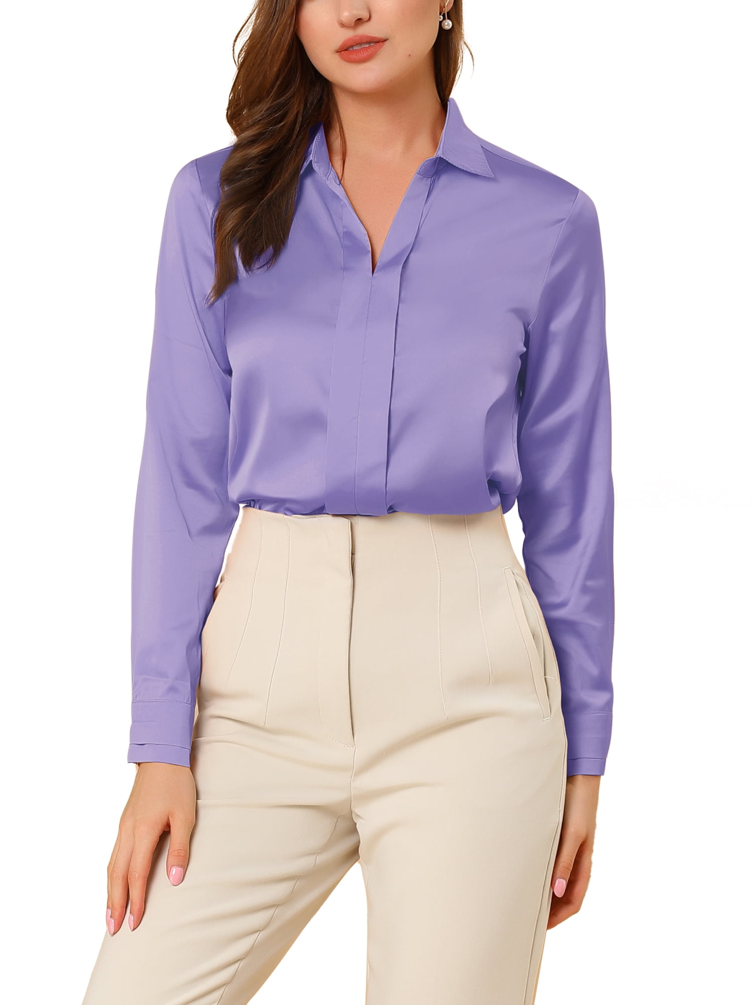 DARING DIVA Women's V Neck Classic Work Office Long Sleeve Shirt S Purple