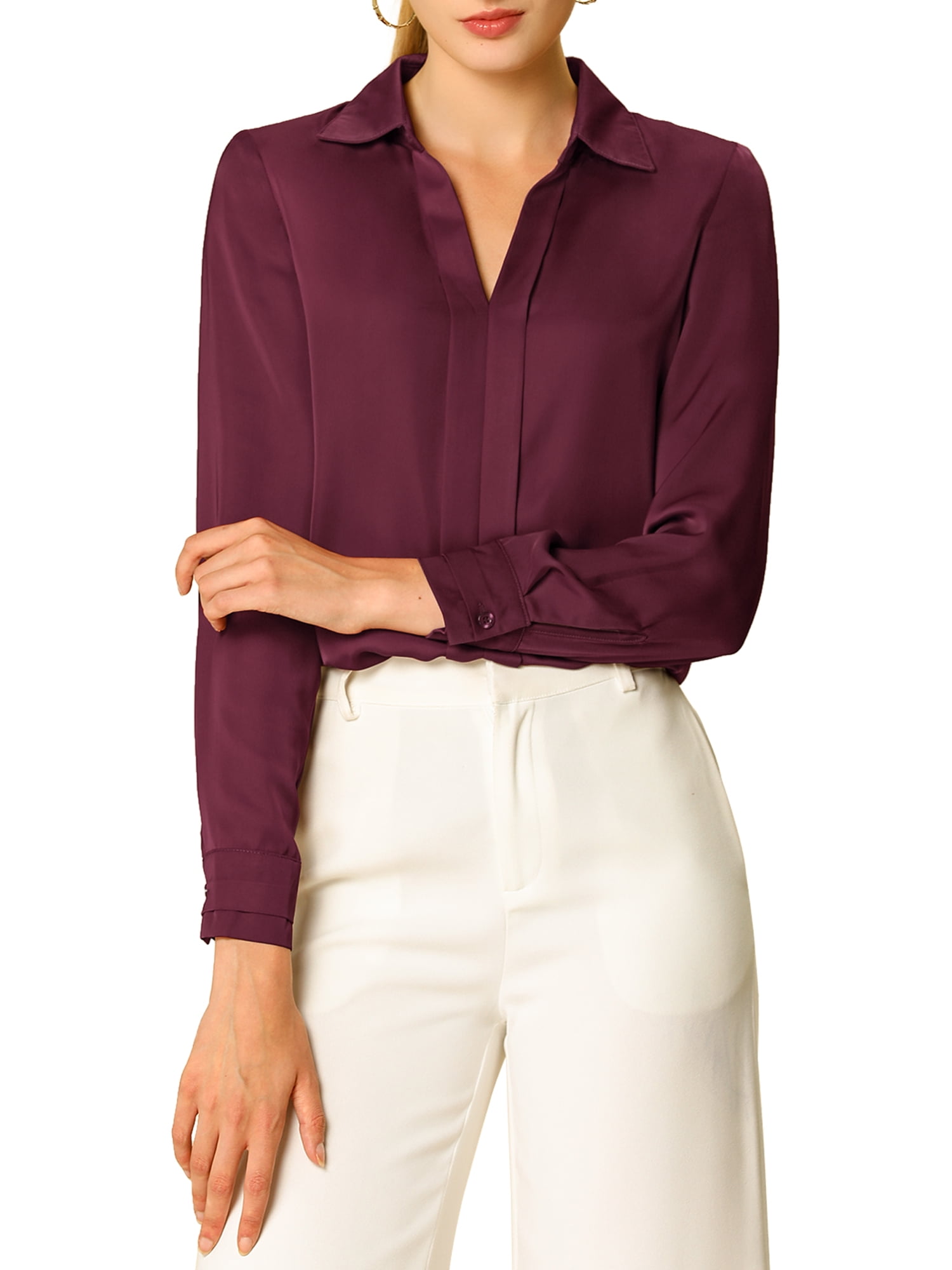 DARING DIVA Women's V Neck Classic Work Office Long Sleeve Shirt XL Wine Red