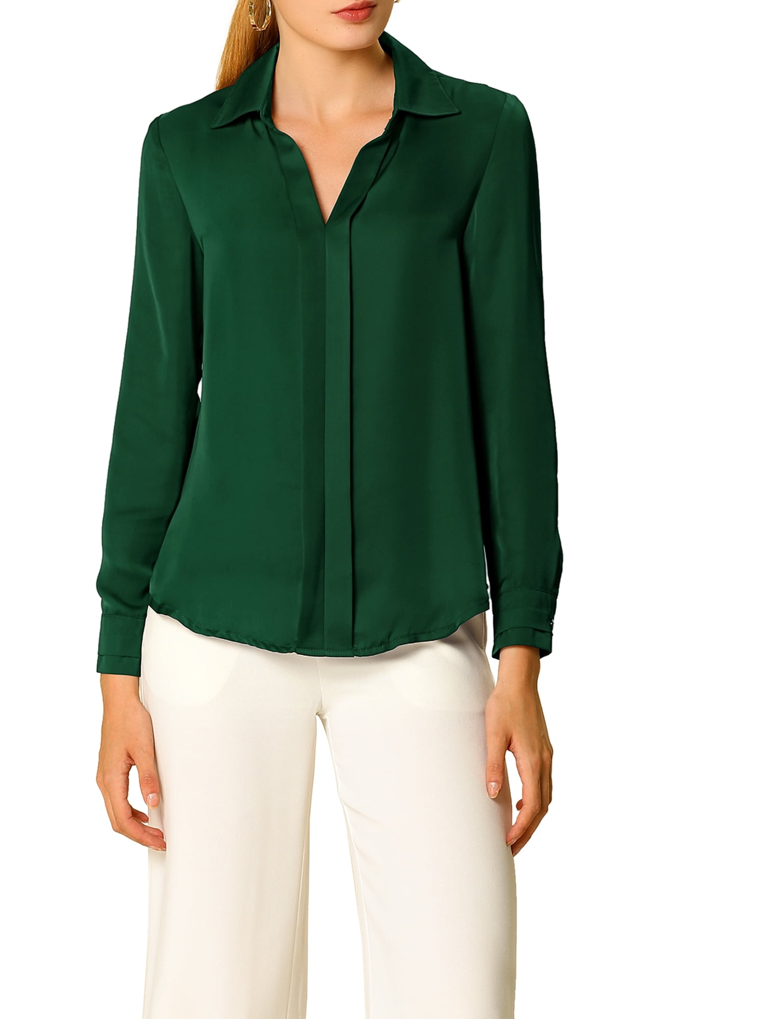 DARING DIVA Women's V Neck Classic Work Office Long Sleeve Shirt XS Dark Green