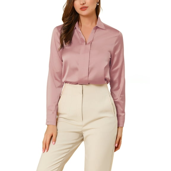 DARING DIVA Women's V Neck Classic Work Office Long Sleeve Shirt XS Dusty Pink