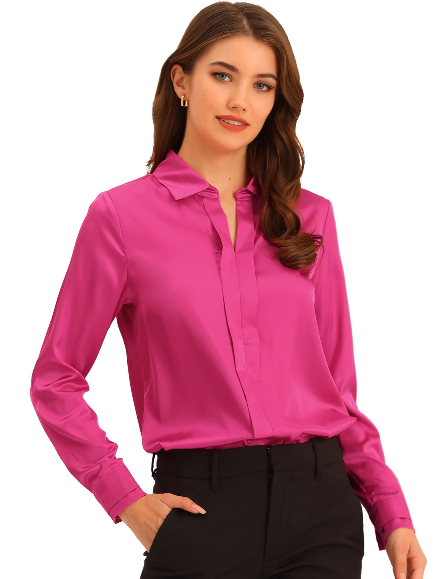 DARING DIVA Women's V Neck Classic Work Office Long Sleeve Shirt XS Hot Pink