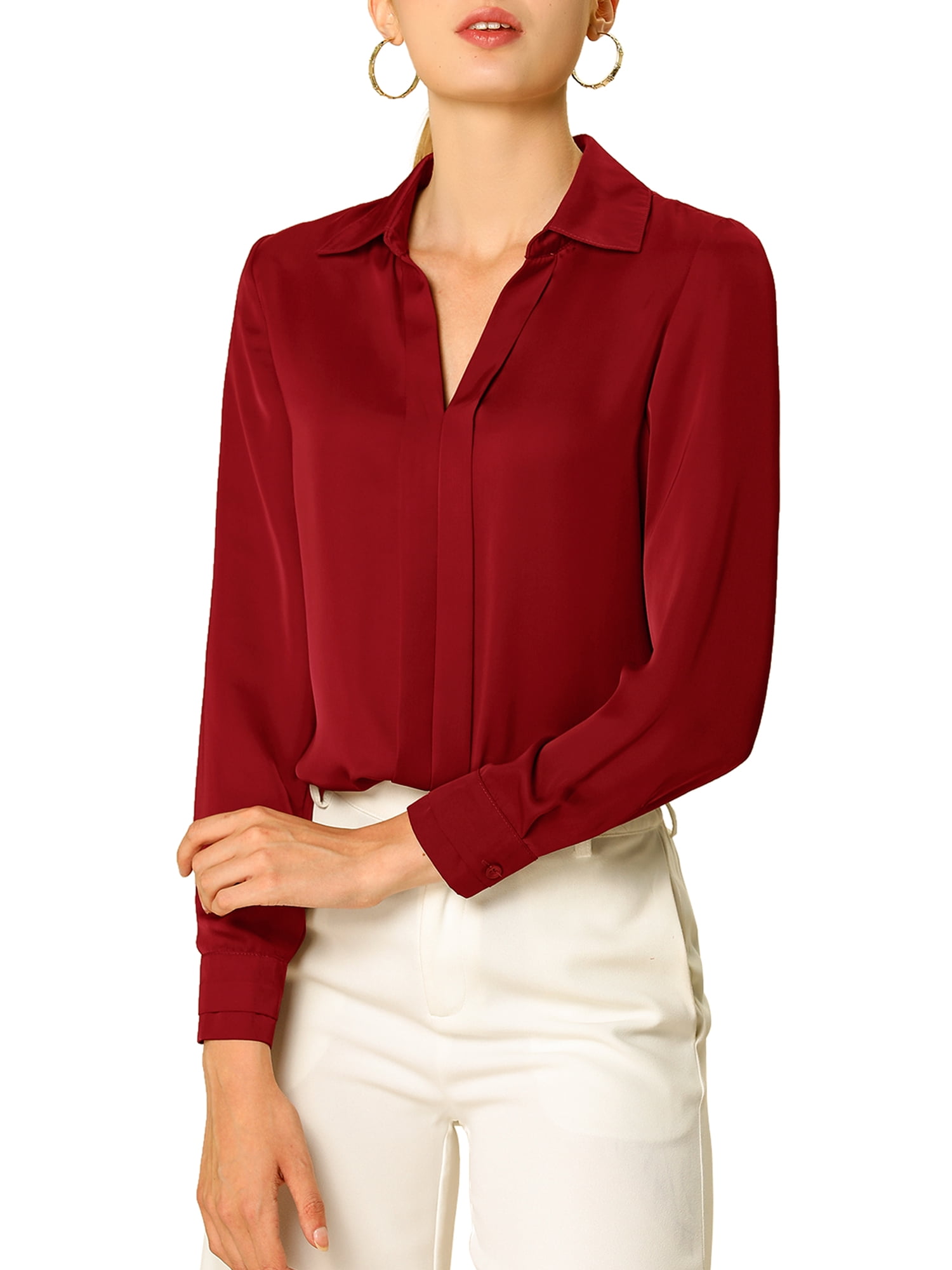 DARING DIVA Women's V Neck Classic Work Office Long Sleeve Shirt XS Red
