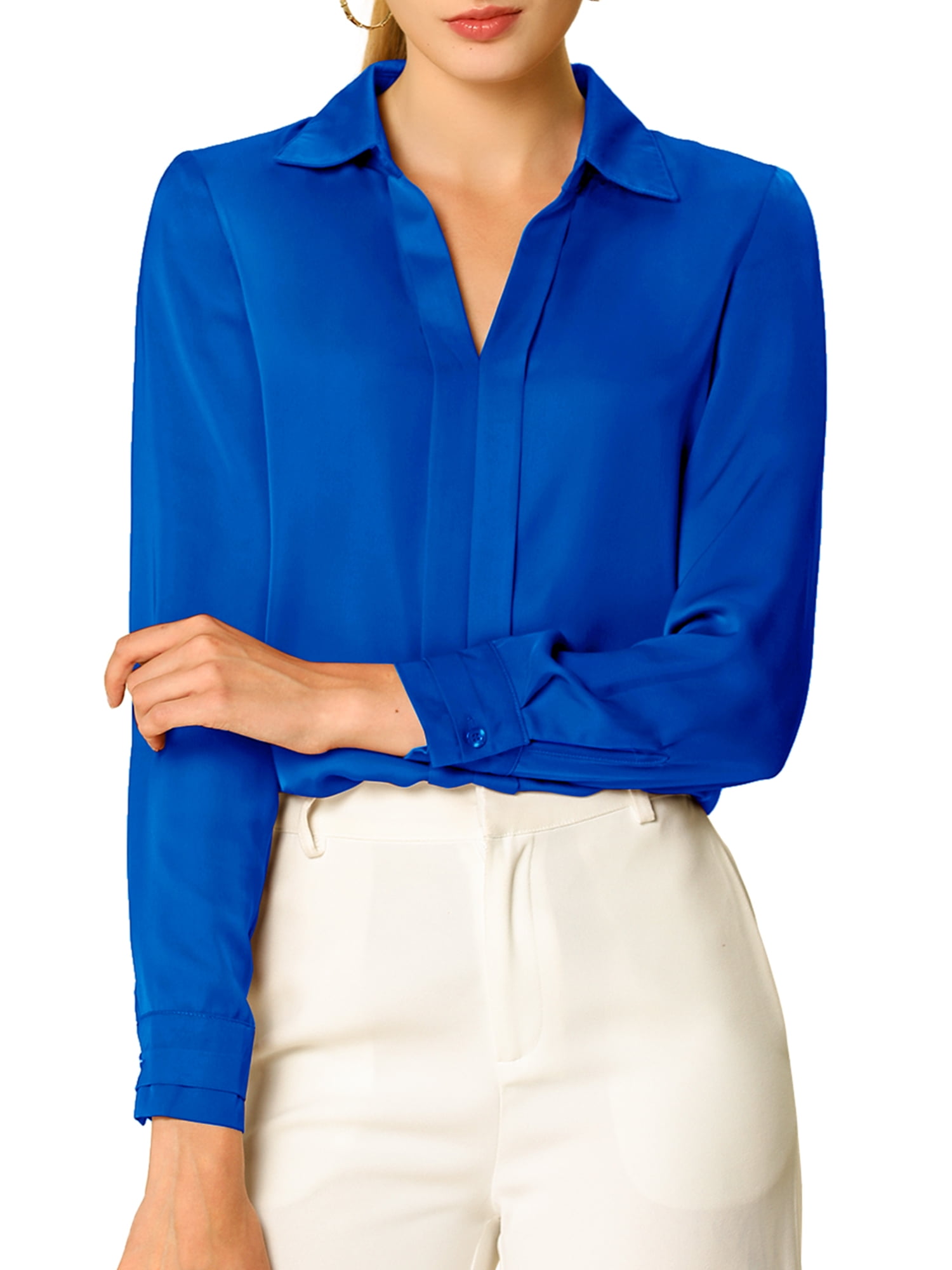DARING DIVA Women's V Neck Classic Work Office Long Sleeve Shirt XS Royal Blue