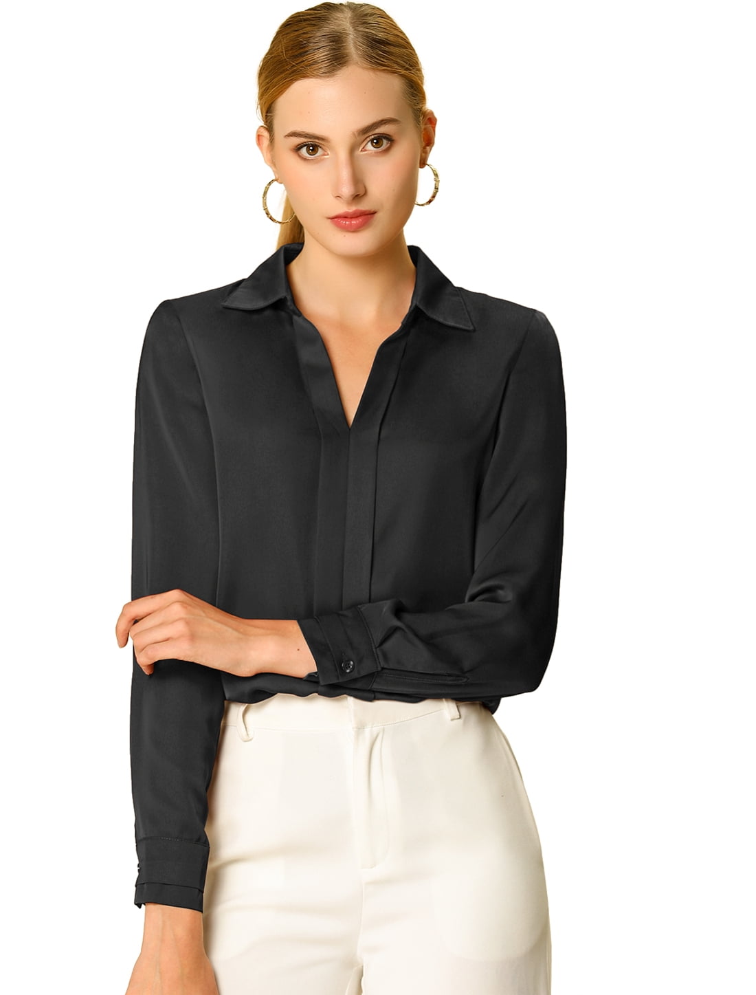 DARING DIVA Women's V Neck Classic Work Office Long Sleeve Shirt XXL Black