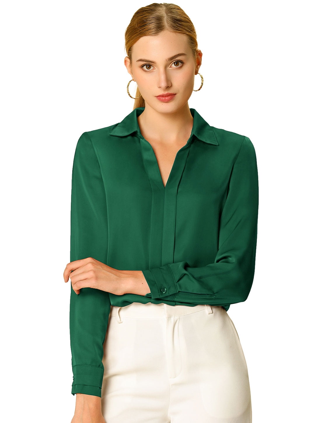 DARING DIVA Women's V Neck Classic Work Office Long Sleeve Shirt XXL Green
