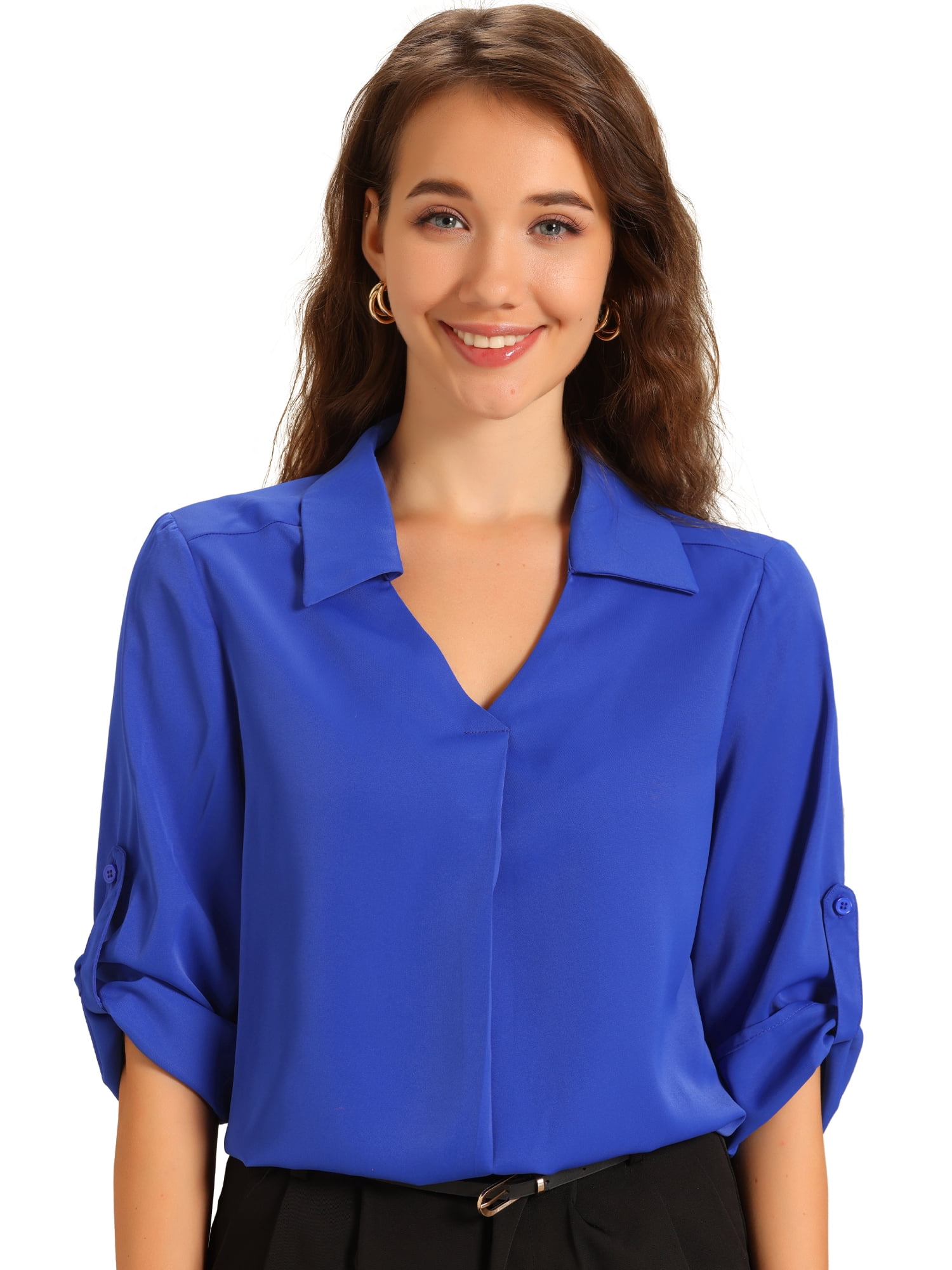 DARING DIVA Women's V Neck Collared Blouses with Roll Up 3/4 Sleeves S Royal Blue