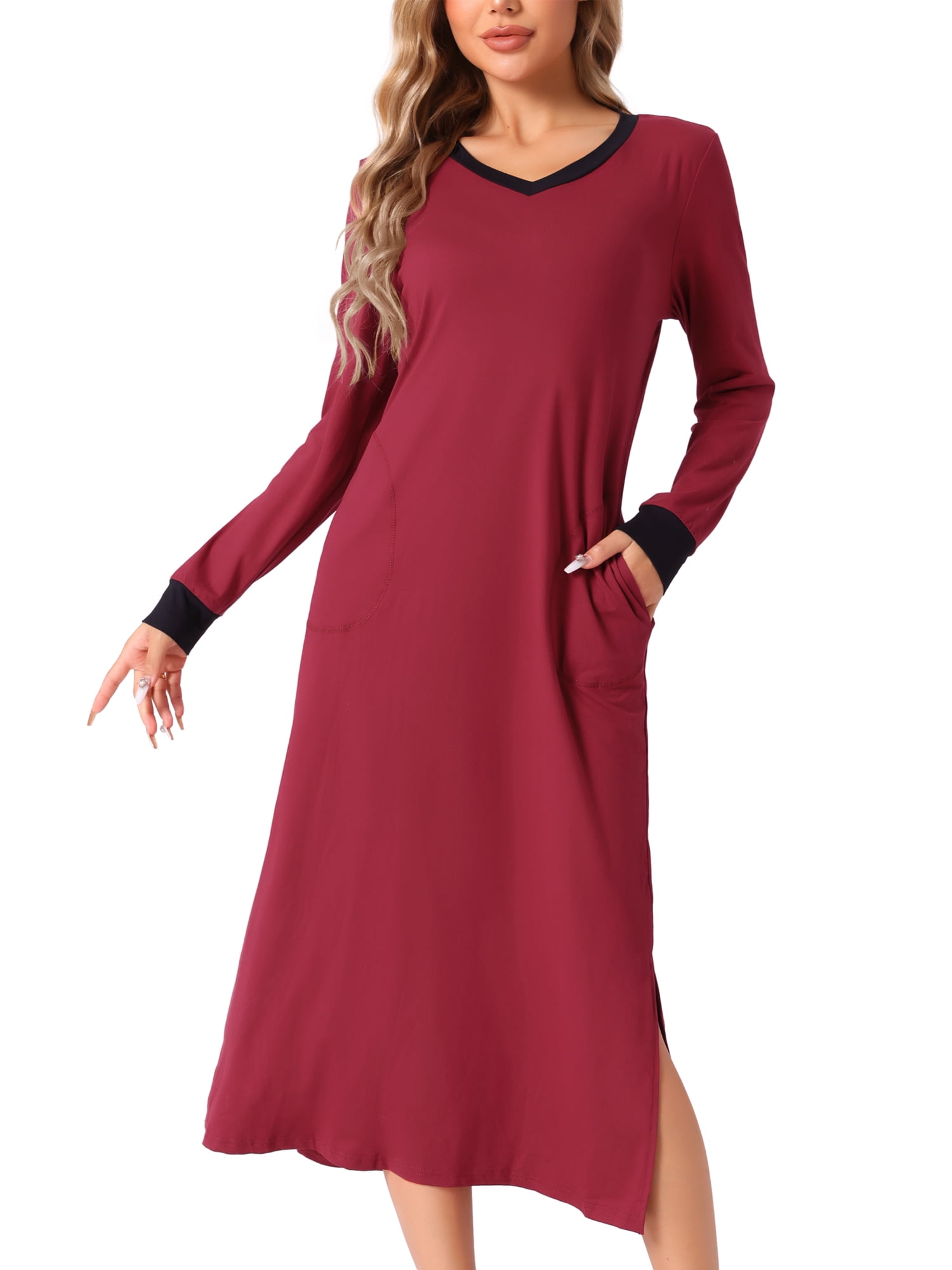 DARING DIVA Women's V Neck Cozy Long Sleeve Nightgown with Pockets S Red