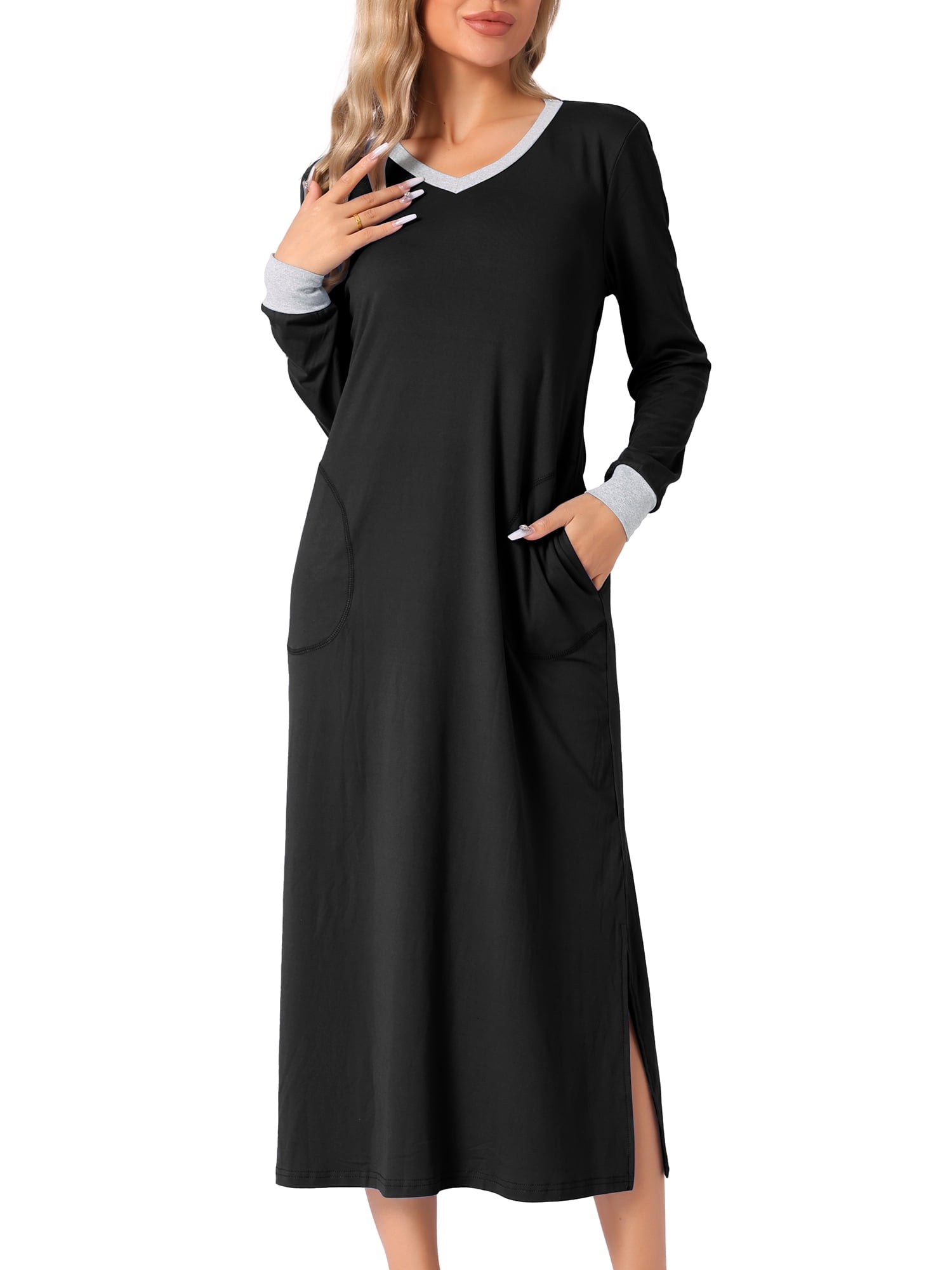 DARING DIVA Women's V Neck Cozy Long Sleeve Nightgown with Pockets XS Black