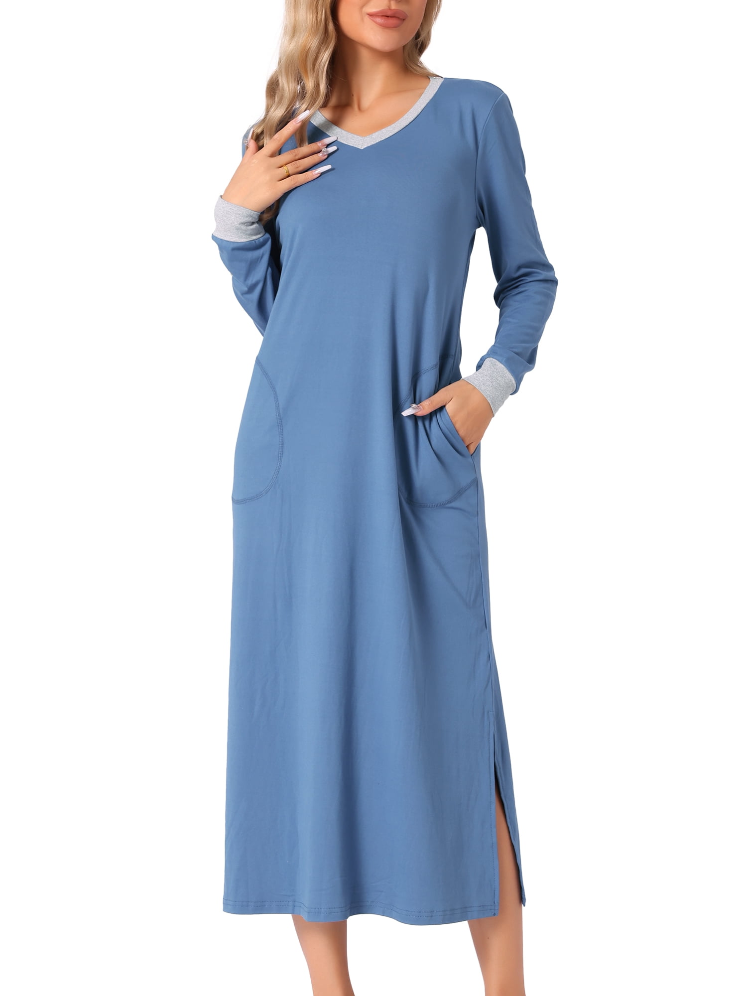 DARING DIVA Women's V Neck Cozy Long Sleeve Nightgown with Pockets XS Blue