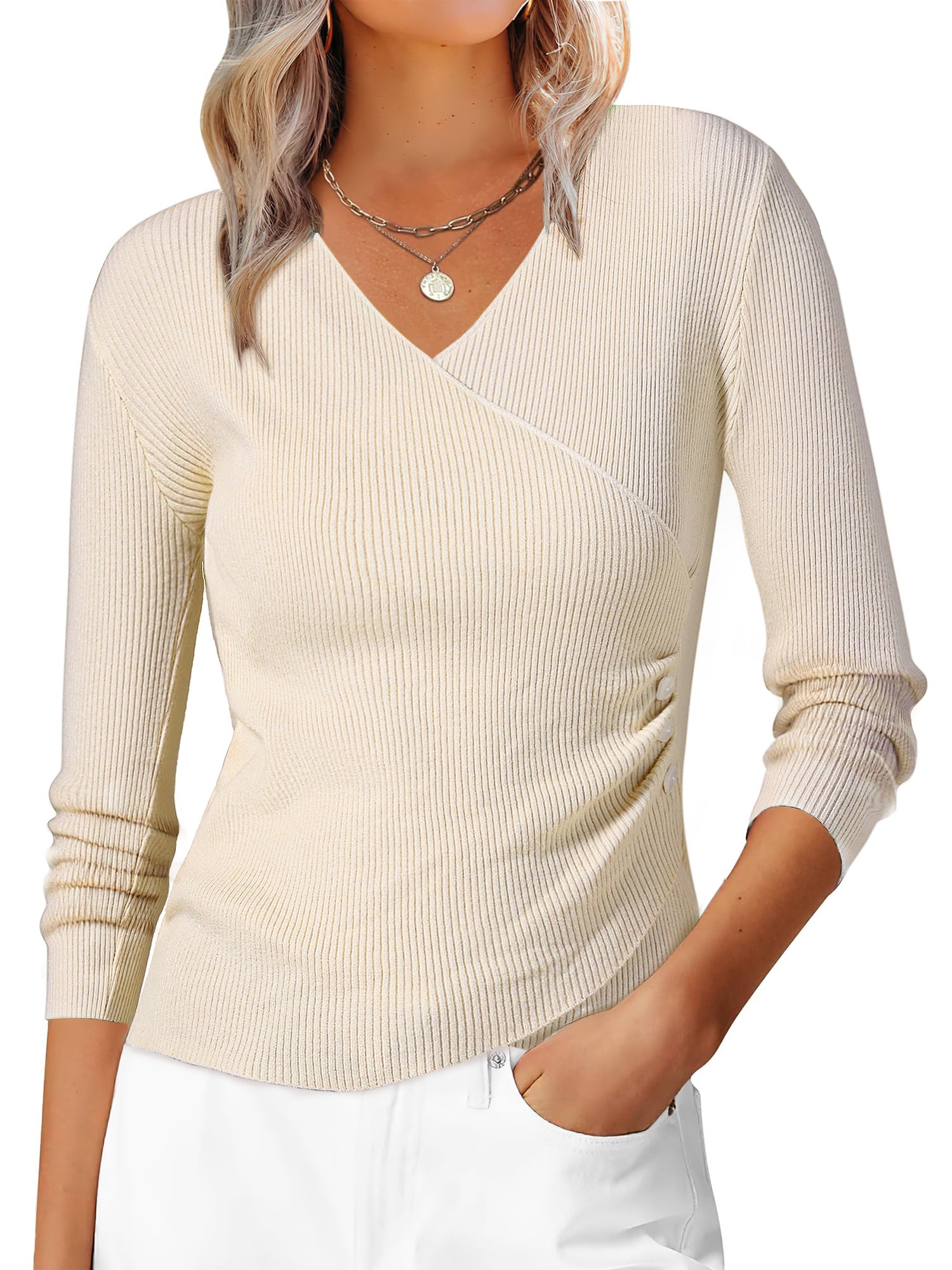 DARING DIVA Women's V Neck Fitted Ruched Waist Criss Cross Knitted Wrap Tops XS Beige