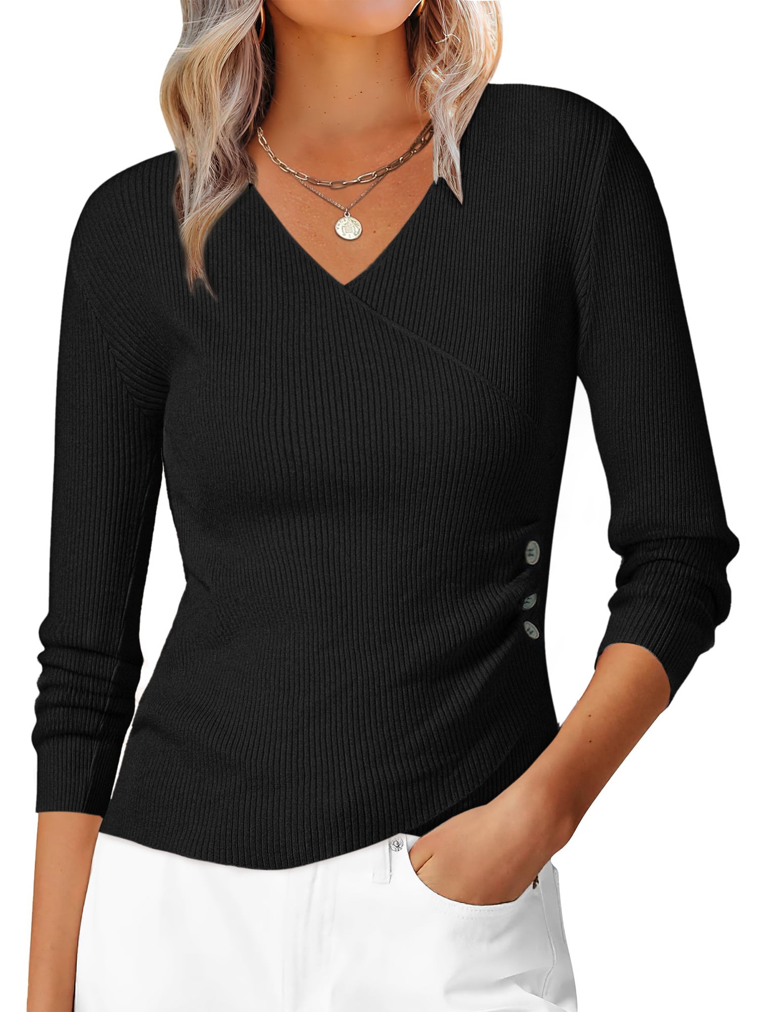 DARING DIVA Women's V Neck Fitted Ruched Waist Criss Cross Knitted Wrap Tops XS Black