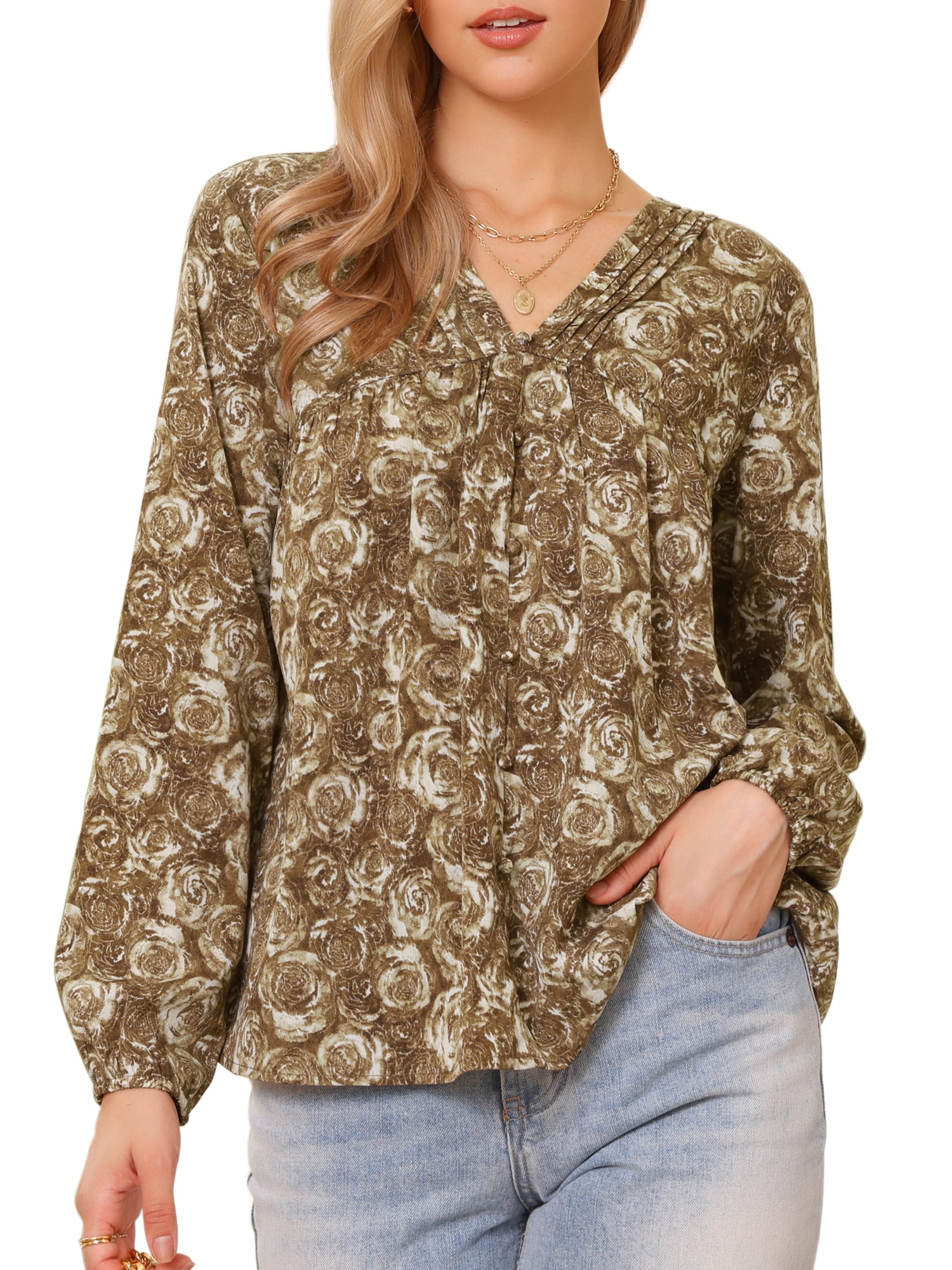 DARING DIVA Women's V Neck Floral Casual Long Sleeve Blouse S Light Brown