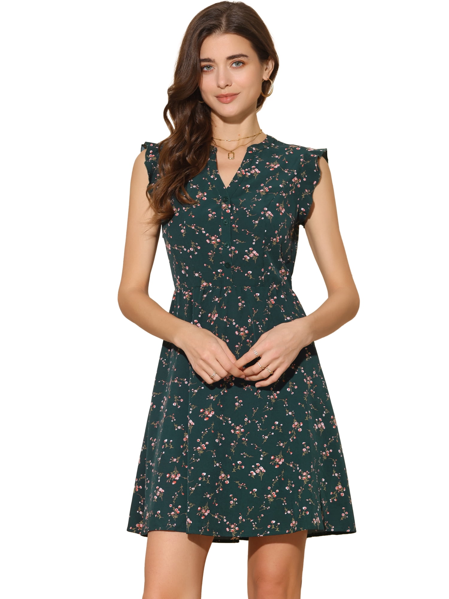 DARING DIVA Women's V Neck Flutter Sleeve Ruffle A Line Chiffon Dress Large Dark Green