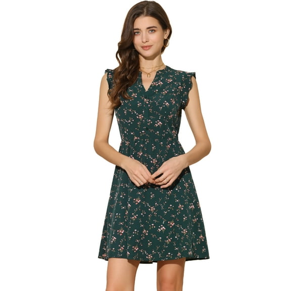 DARING DIVA Women's V Neck Flutter Sleeve Ruffle A Line Chiffon Dress X-Large Dark Green