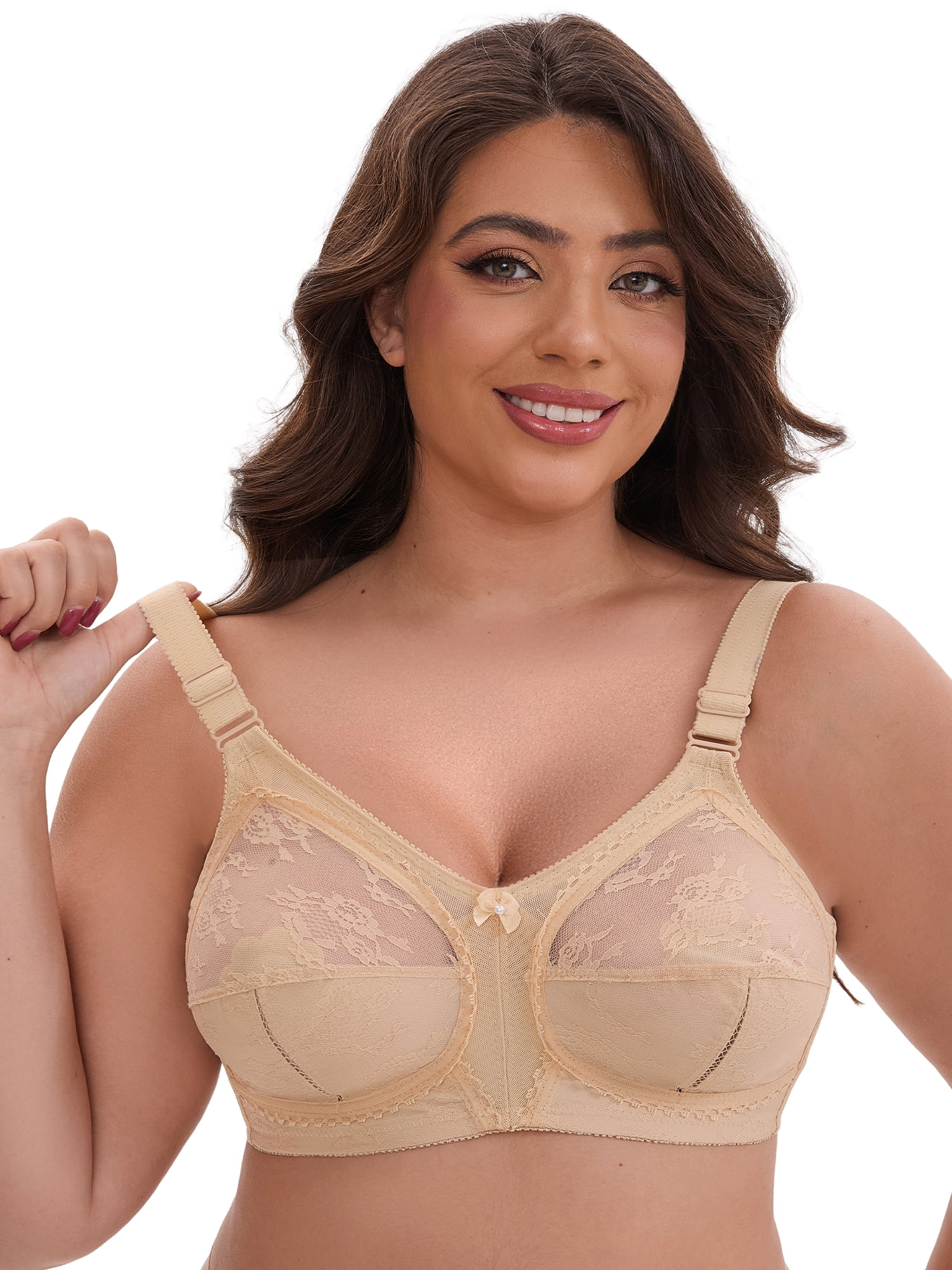 DARING DIVA Women's V-Neck Full Cup Wireless Bralette Lace Mesh 44C Beige