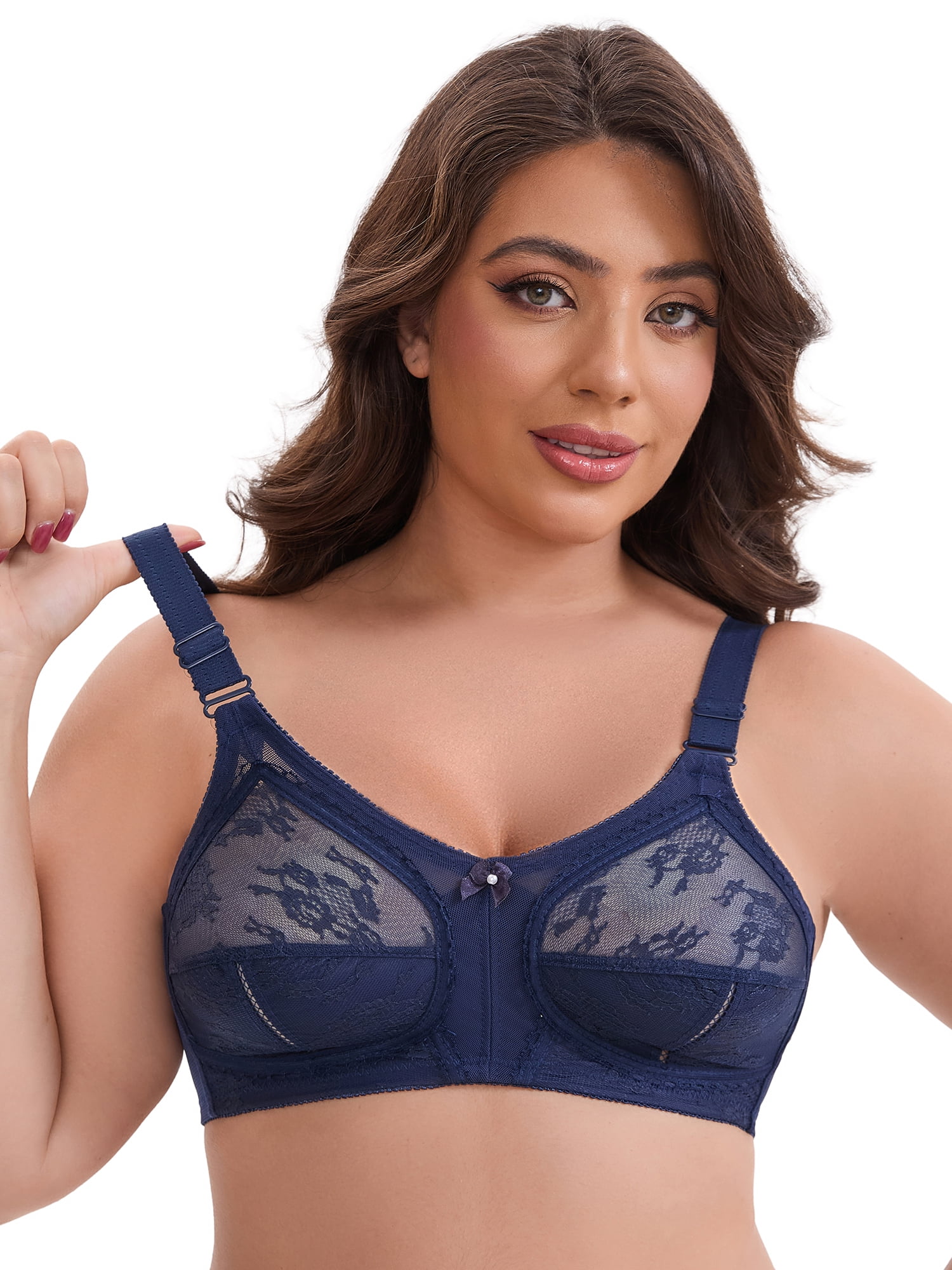 DARING DIVA Women's V-Neck Full Cup Wireless Bralette Lace Mesh 44D Blue