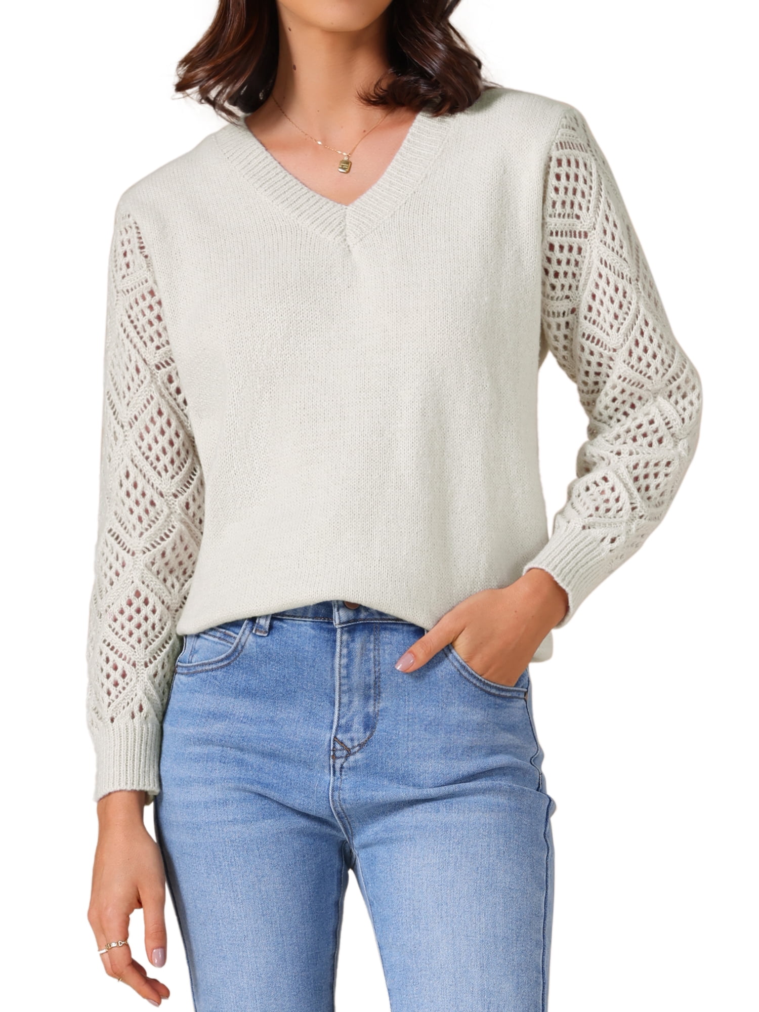 DARING DIVA Women's V Neck Hollow Out Long Sleeve Crochet Sweater Tops L Grey Beige