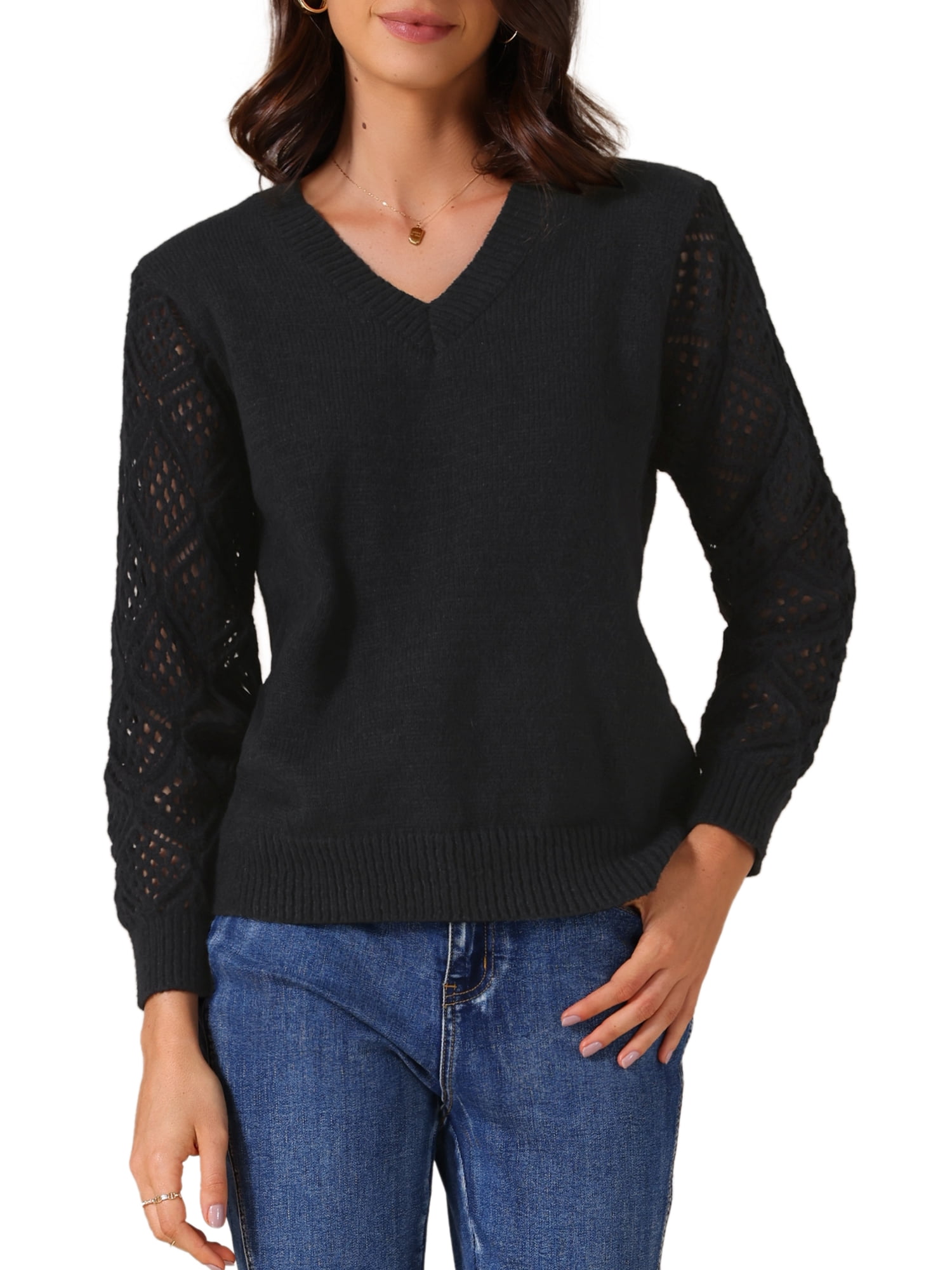 DARING DIVA Women's V Neck Hollow Out Long Sleeve Crochet Sweater Tops M Black
