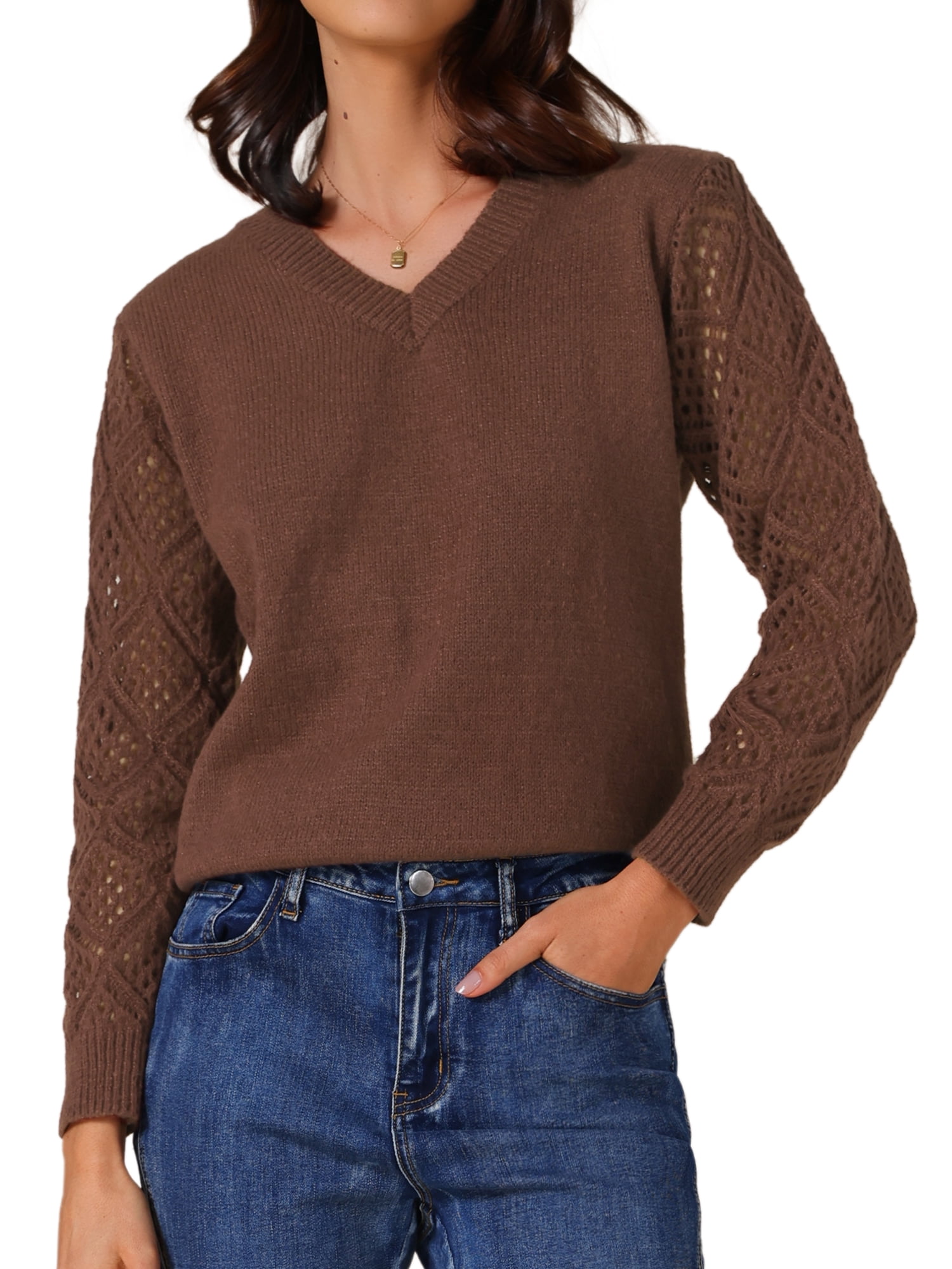 DARING DIVA Women's V Neck Hollow Out Long Sleeve Crochet Sweater Tops XL Brown