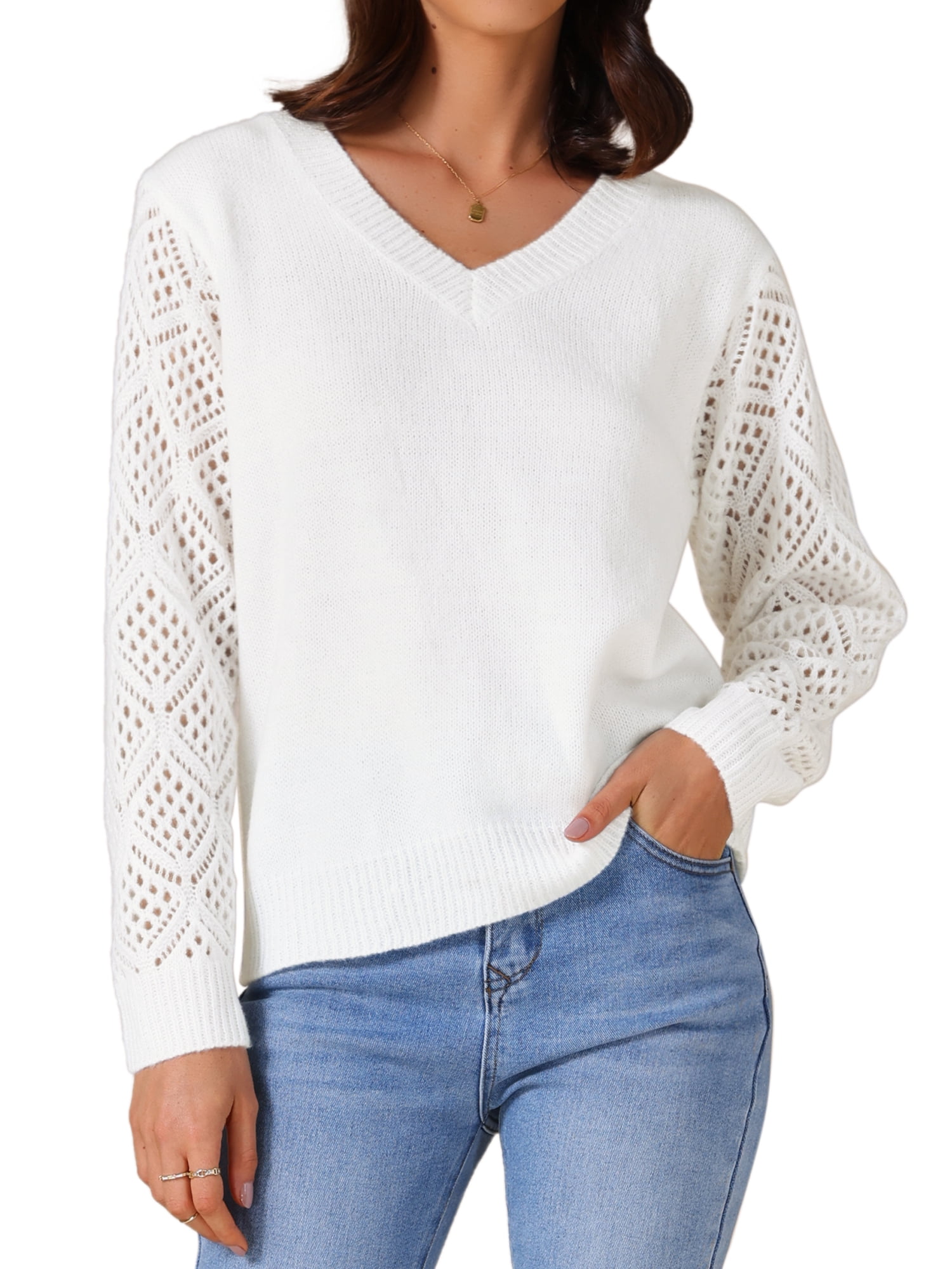 DARING DIVA Women's V Neck Hollow Out Long Sleeve Crochet Sweater Tops XL White