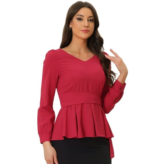 DARING DIVA Women's V Neck Irregular Hem Belted Peplum Blouse XS Red