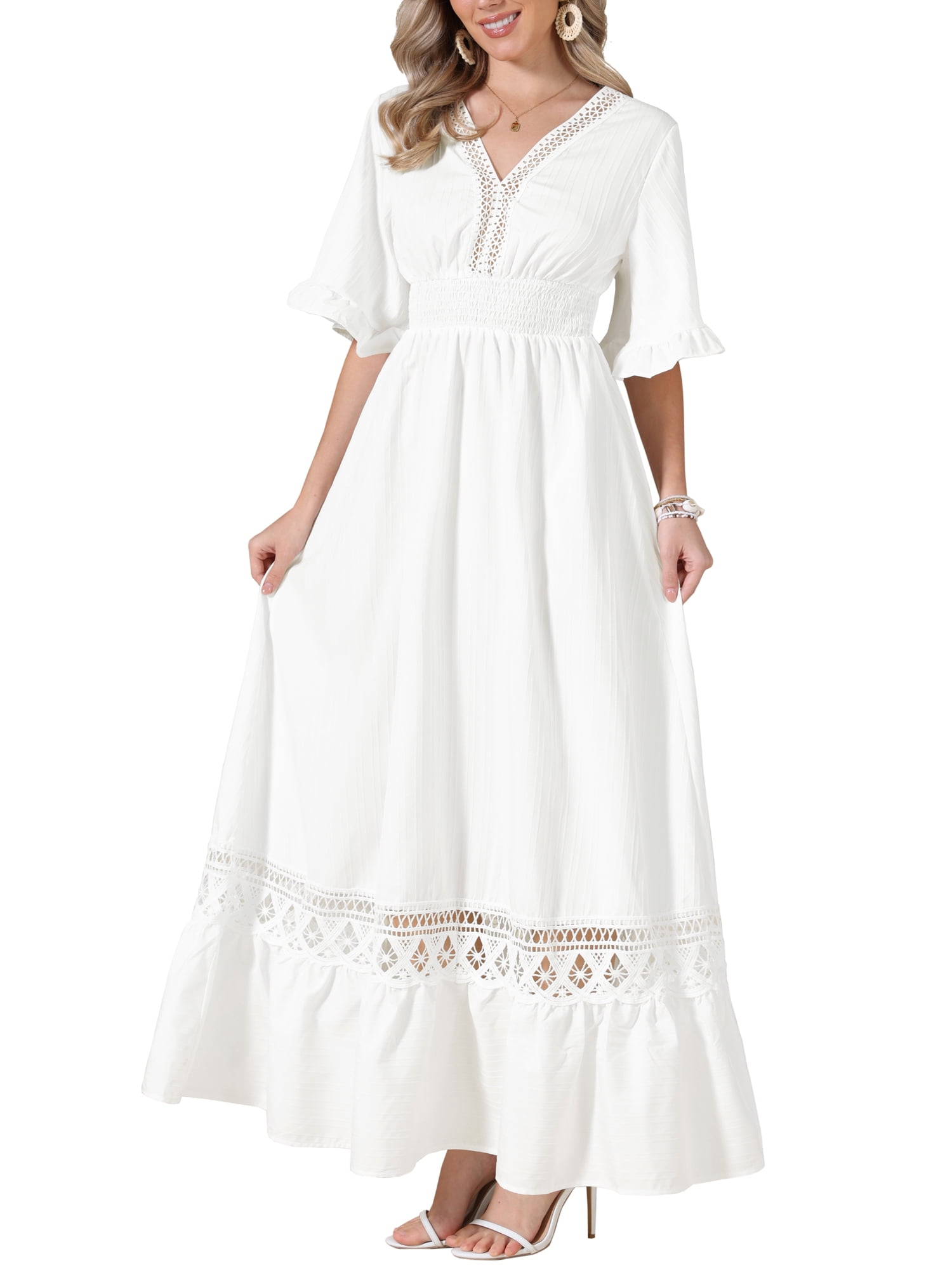 DARING DIVA Women's V Neck Lace Ruffle Boho Flowy Maxi Dress L White
