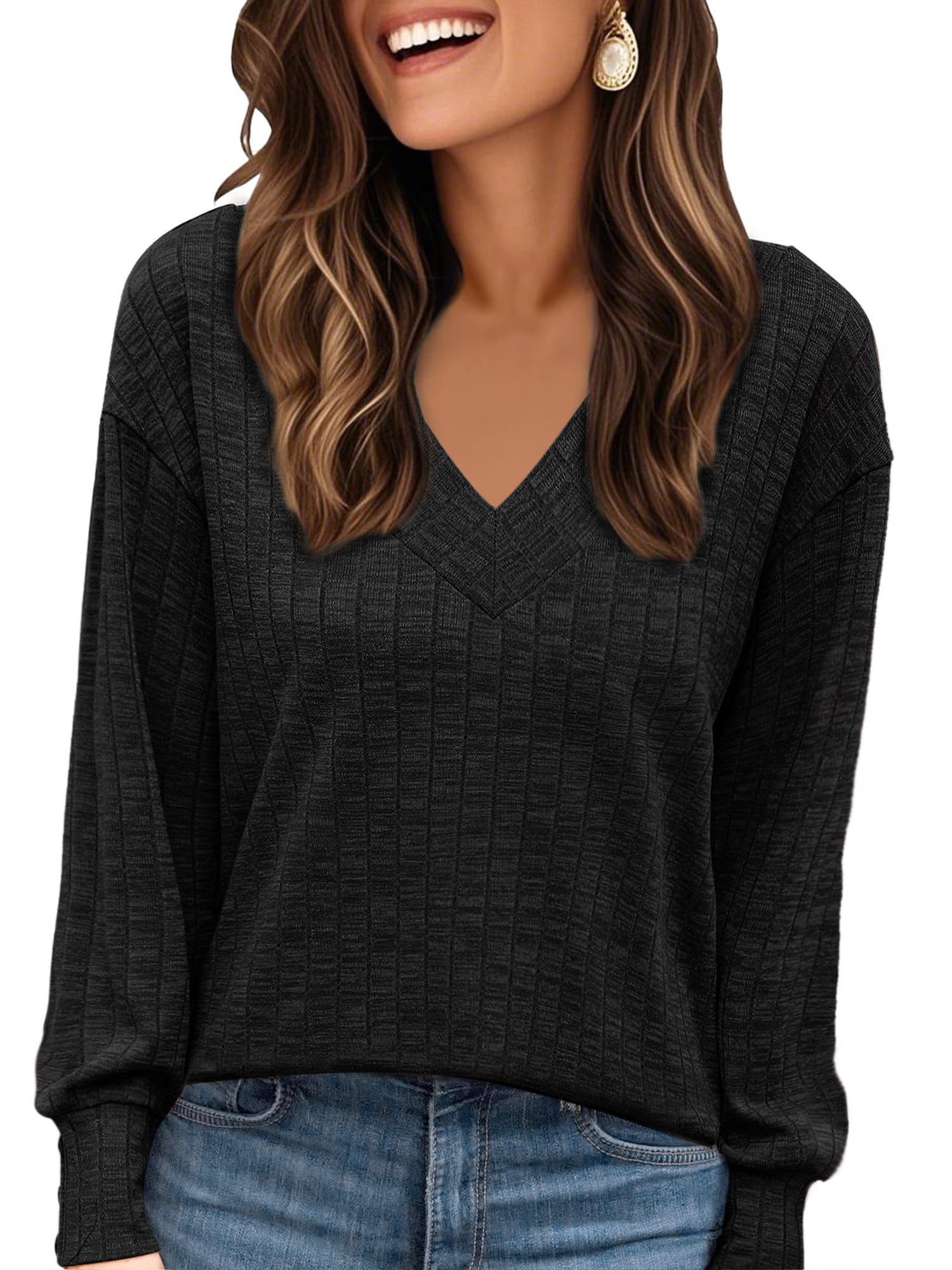 DARING DIVA Women's V Neck Long Sleeve Casual Knit Tunic Sweater XS Black