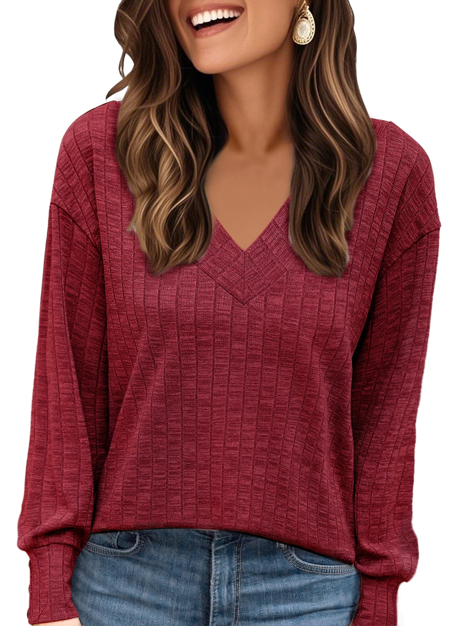 DARING DIVA Women's V Neck Long Sleeve Casual Knit Tunic Sweater XS Dark Red