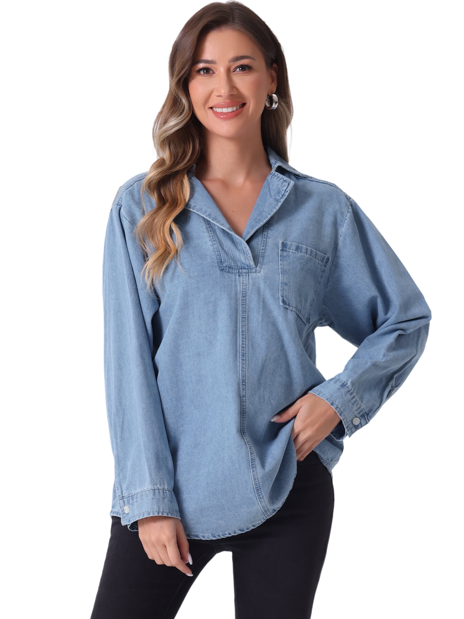 DARING DIVA Women's V Neck Long Sleeve Denim Blouses S Light Blue