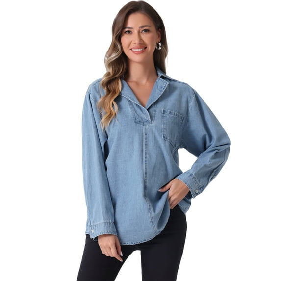 DARING DIVA Women's V Neck Long Sleeve Denim Blouses XS Light Blue