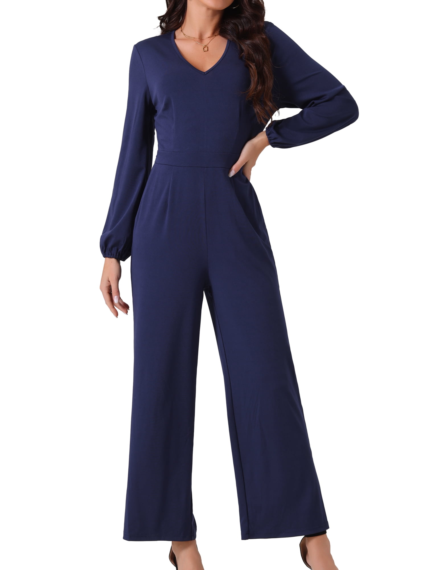 DARING DIVA Women's V Neck Long Sleeve High Waisted Wide Leg Jumpsuits L Dark Blue