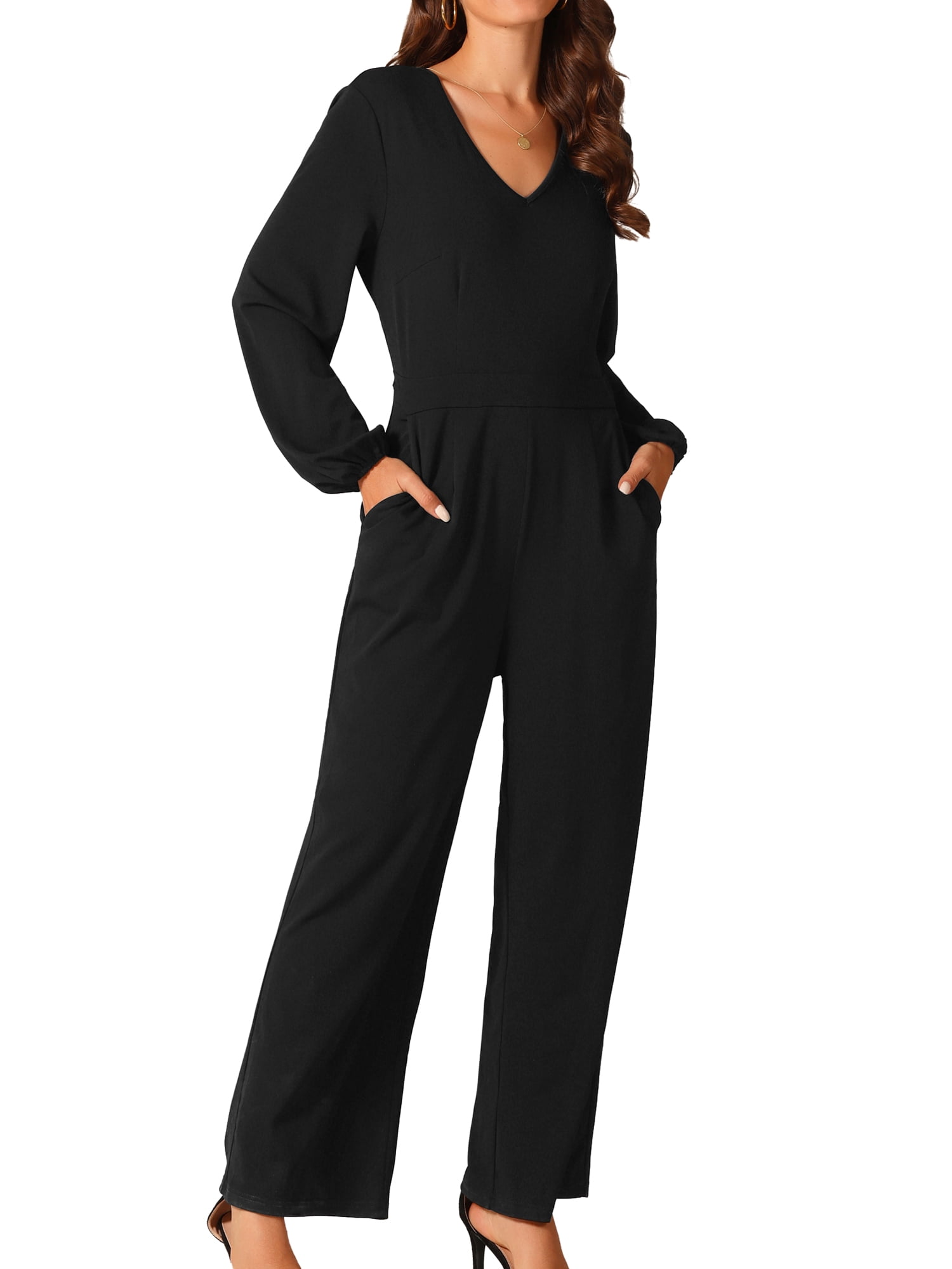DARING DIVA Women's V Neck Long Sleeve High Waisted Wide Leg Jumpsuits S Black