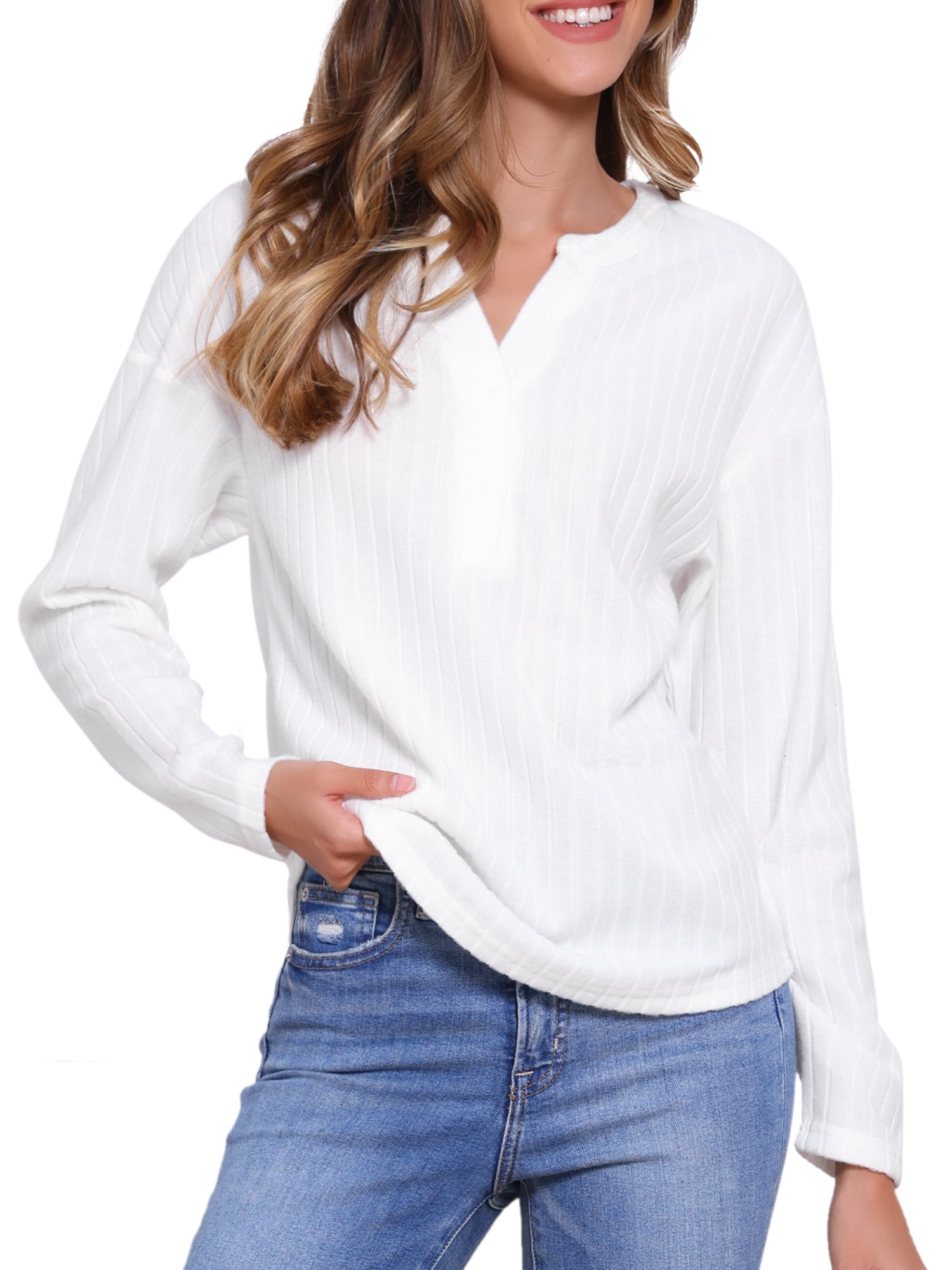 DARING DIVA Women's V Neck Long Sleeve Loose Casual Knit Top S White