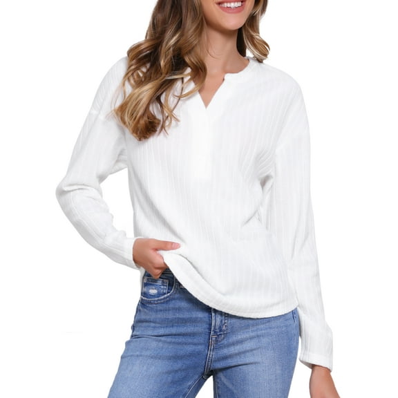 DARING DIVA Women's V Neck Long Sleeve Loose Casual Knit Top XS White
