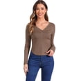 thumbnail image 1 of DARING DIVA Women's V Neck Long Sleeve Ribbed Knit Henley Blouses L Brown, 1 of 6