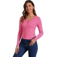 thumbnail image 1 of DARING DIVA Women's V Neck Long Sleeve Ribbed Knit Henley Blouses XS Pink, 1 of 6