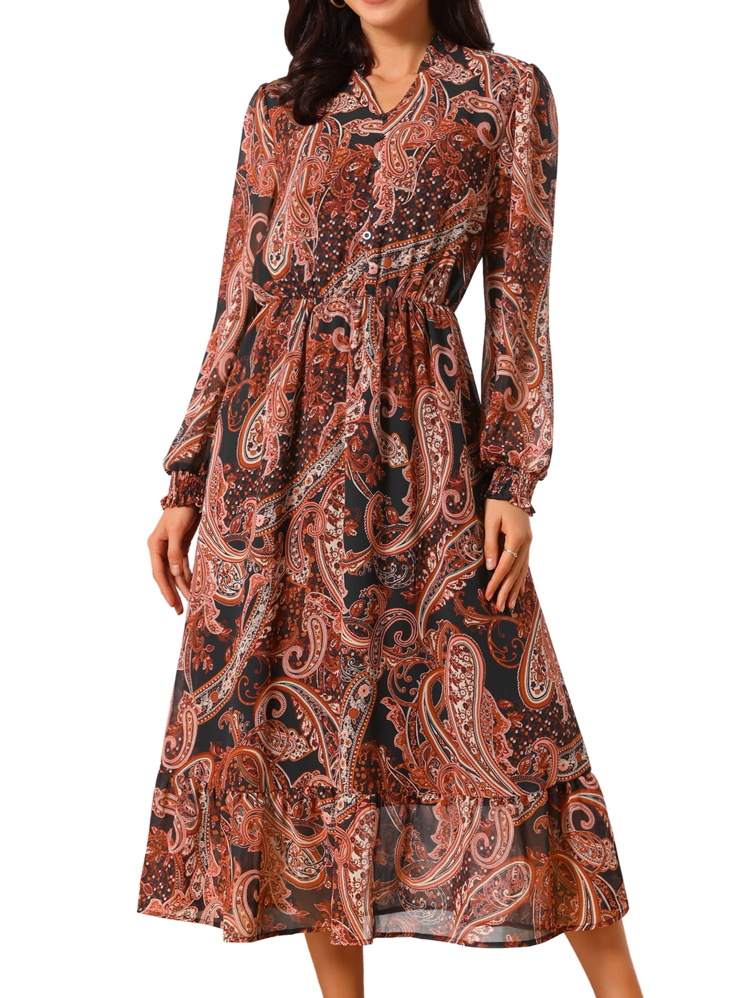 DARING DIVA Women's V Neck Long Sleeve Smocked Cuff A-Line Dress M Black