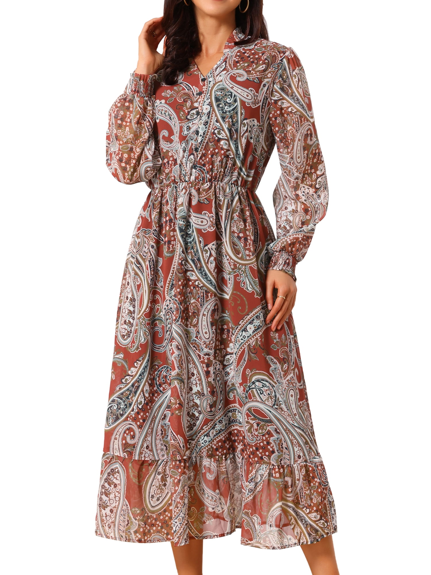 DARING DIVA Women's V Neck Long Sleeve Smocked Cuff A-Line Dress M Red