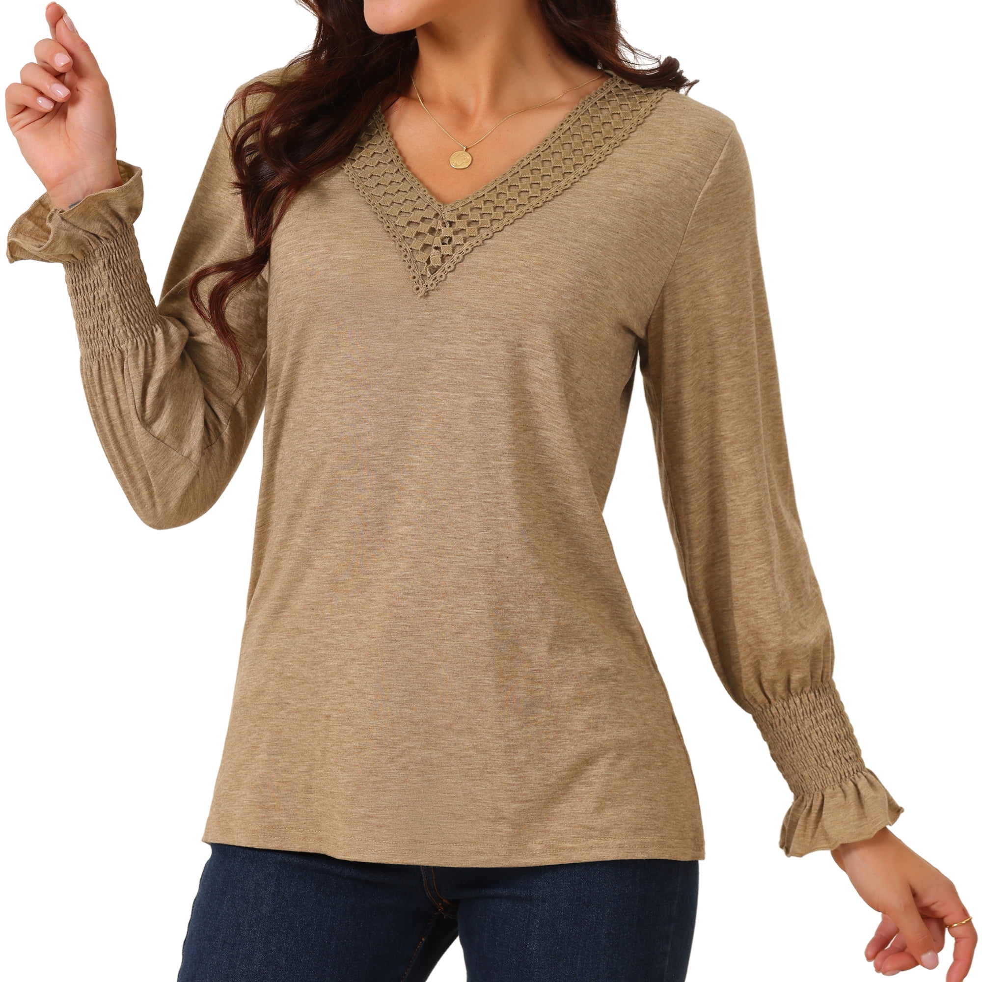 DARING DIVA Women's V Neck Long Sleeve Smocked Cuff Casual Tops XL Brown
