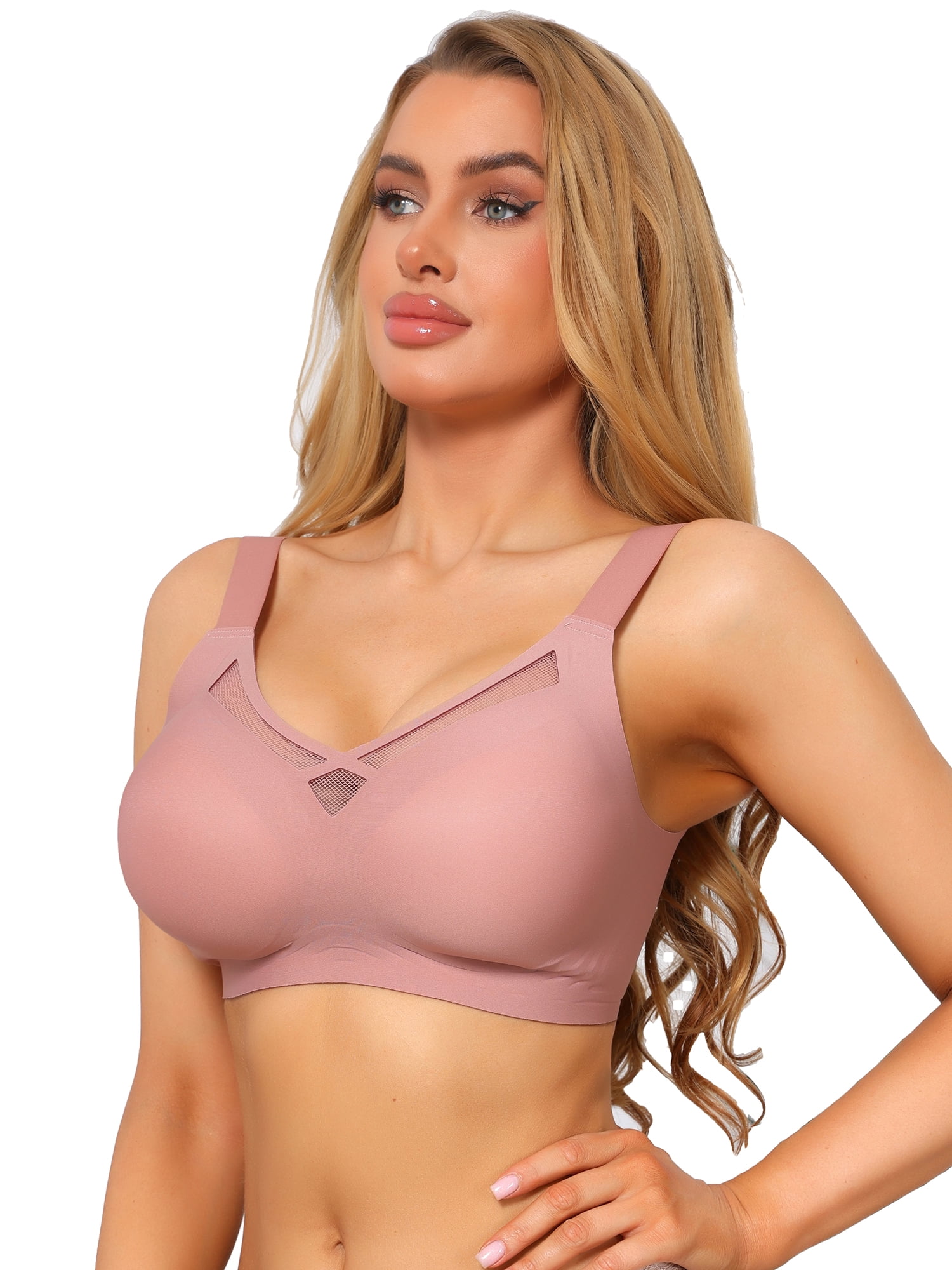 DARING DIVA Women's V-Neck Mesh Full Coverage Wireless Soft Cup Minimizer L Pink