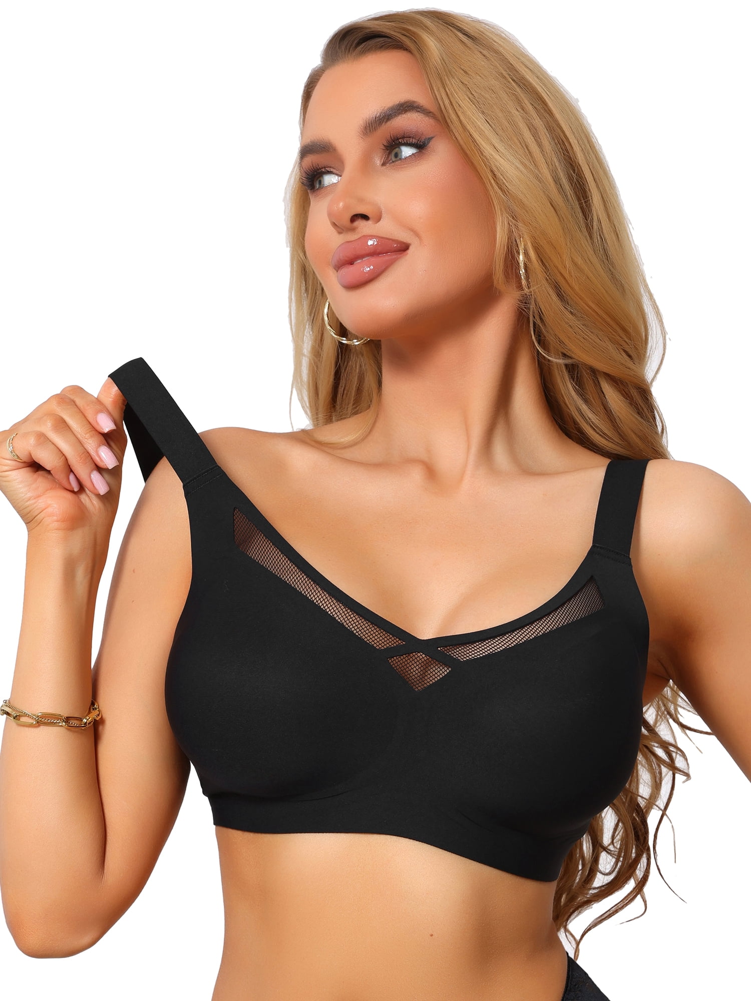 DARING DIVA Women's V-Neck Mesh Full Coverage Wireless Soft Cup Minimizer M Black
