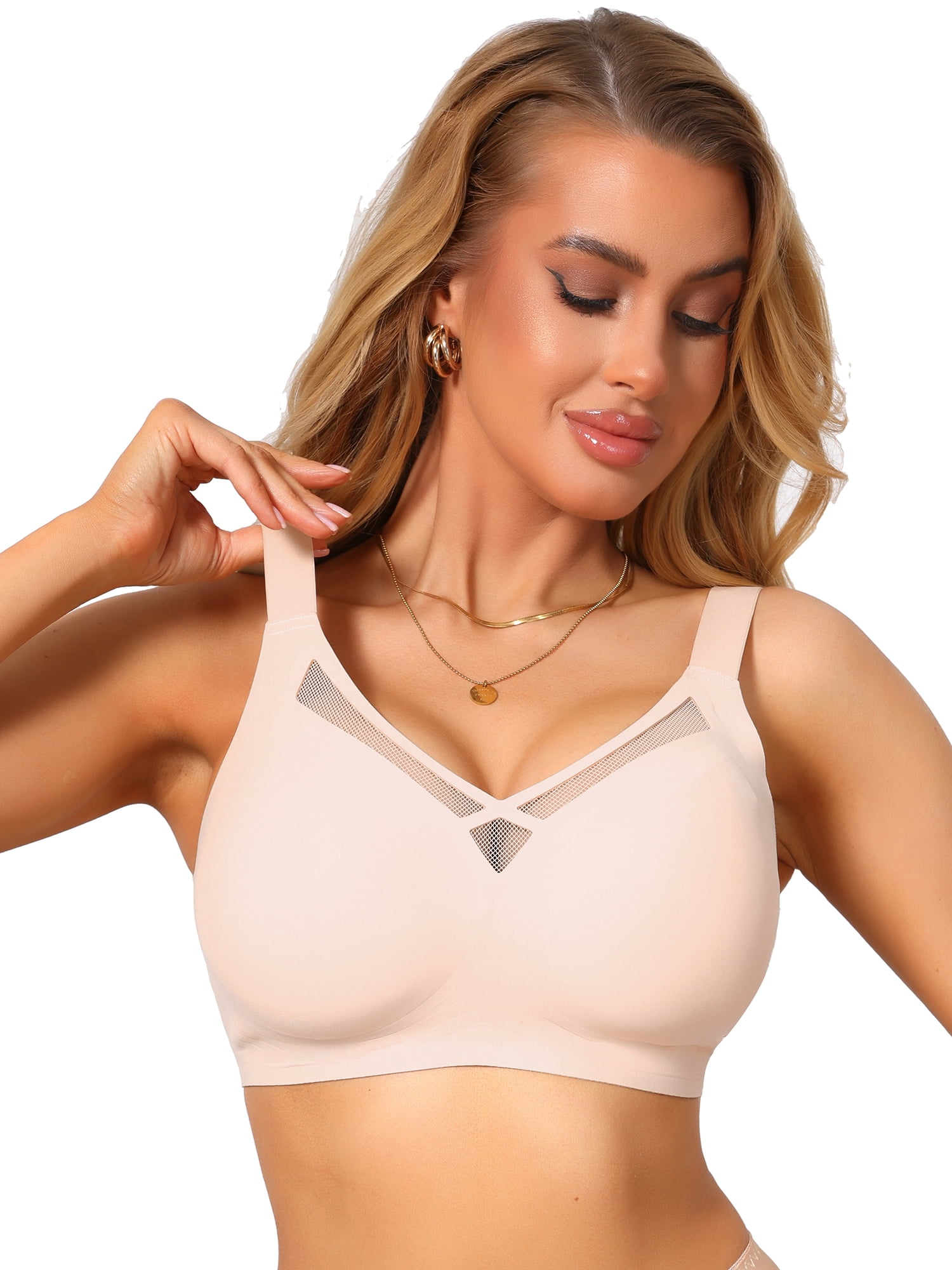 DARING DIVA Women's V-Neck Mesh Full Coverage Wireless Soft Cup Minimizer S Beige