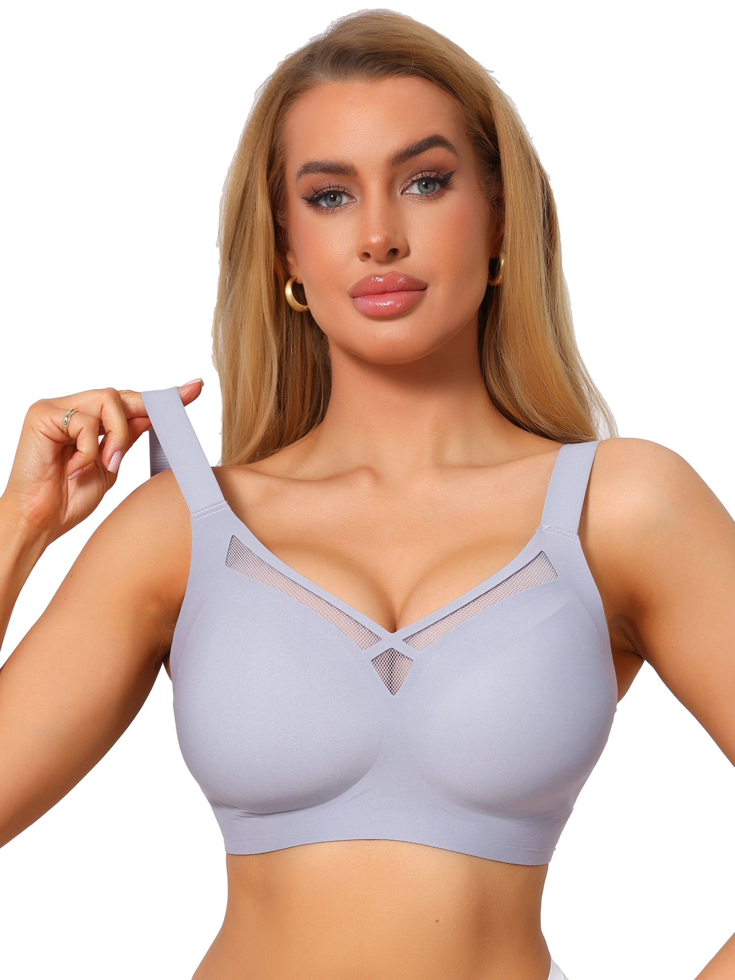 DARING DIVA Women's V-Neck Mesh Full Coverage Wireless Soft Cup Minimizer XL Blue