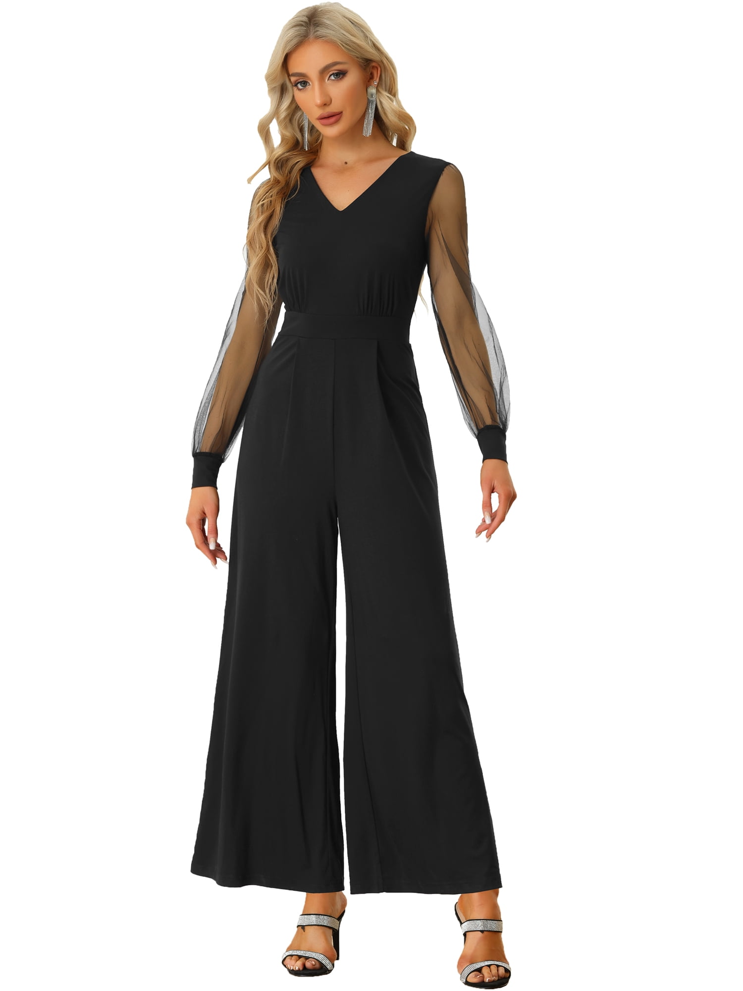 DARING DIVA Women's V Neck Mesh Long Sleeve Wide Leg Romper Jumpsuits L Black