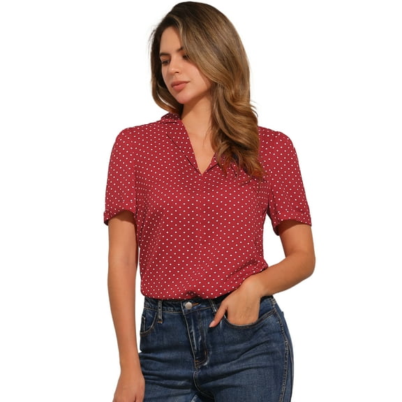 DARING DIVA Women's V Neck Notch Lapel Collar Shirt Blouses L Red