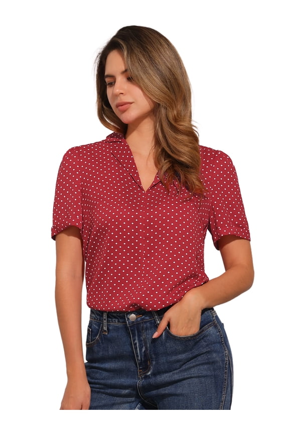 Women's V Neck Notch Lapel Collar Shirt Blouses L Red