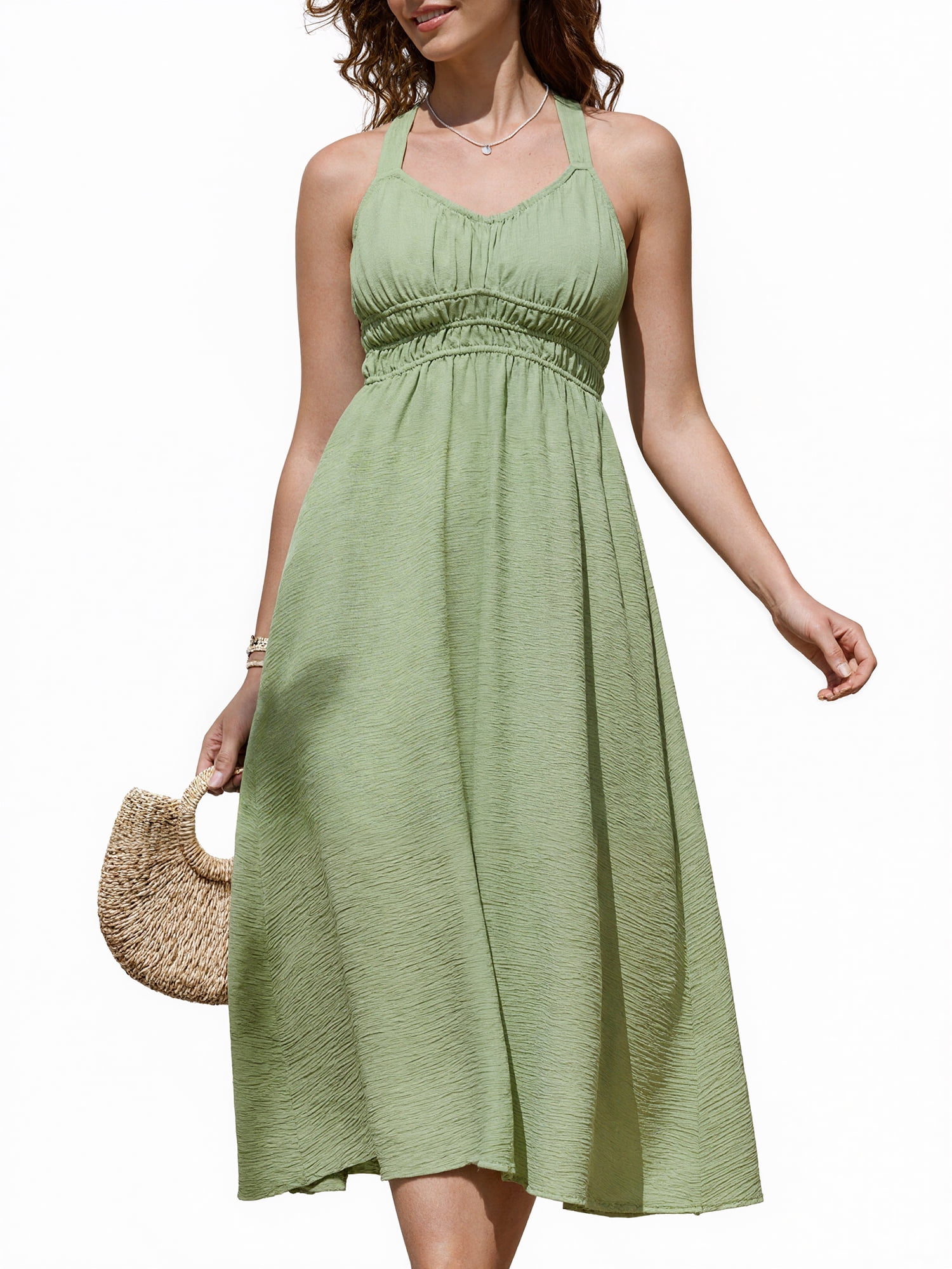 DARING DIVA Women's V Neck Off Shoulder High Waist Backless Dress L Bean Green