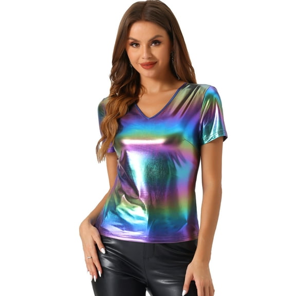 DARING DIVA Women's V Neck Party Clubwear Shiny T-Shirts S Blue Pink