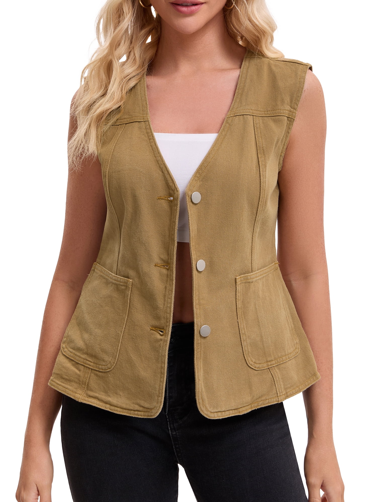 DARING DIVA Women's V Neck Patch Pockets Button Down Sleeveless Jacket 2XL Light Brown